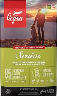ORIJEN Dog Senior Recipe, 25lb, High-Protein Grain-Free Senior Dry Dog Food, Packaging May Vary