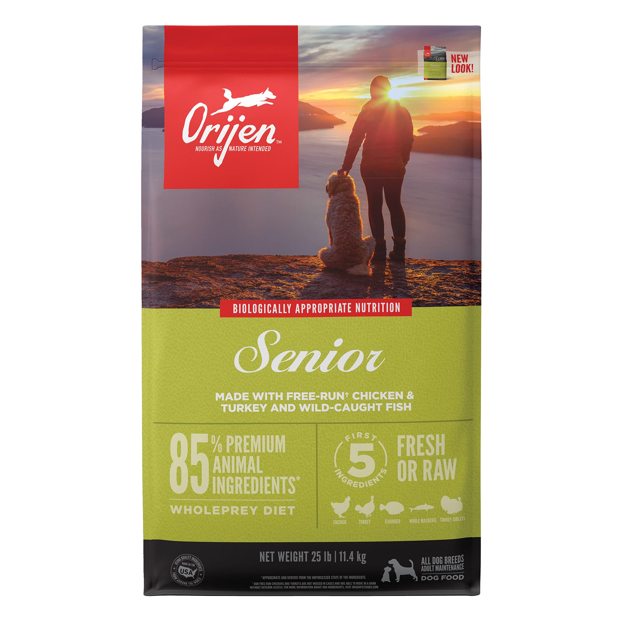 ORIJEN Dog Senior Recipe, 25lb, High-Protein Grain-Free Senior Dry Dog Food, Packaging May Vary