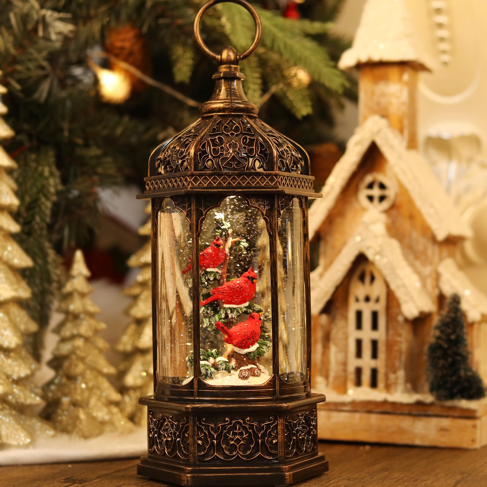 12.6Inch Cardinal Christmas Snow Globes,Musical Lighted with 6H Timer Glittering Red Bird Snow Globe Lanterns,USB Operated Gift Box for Christmas Decoration