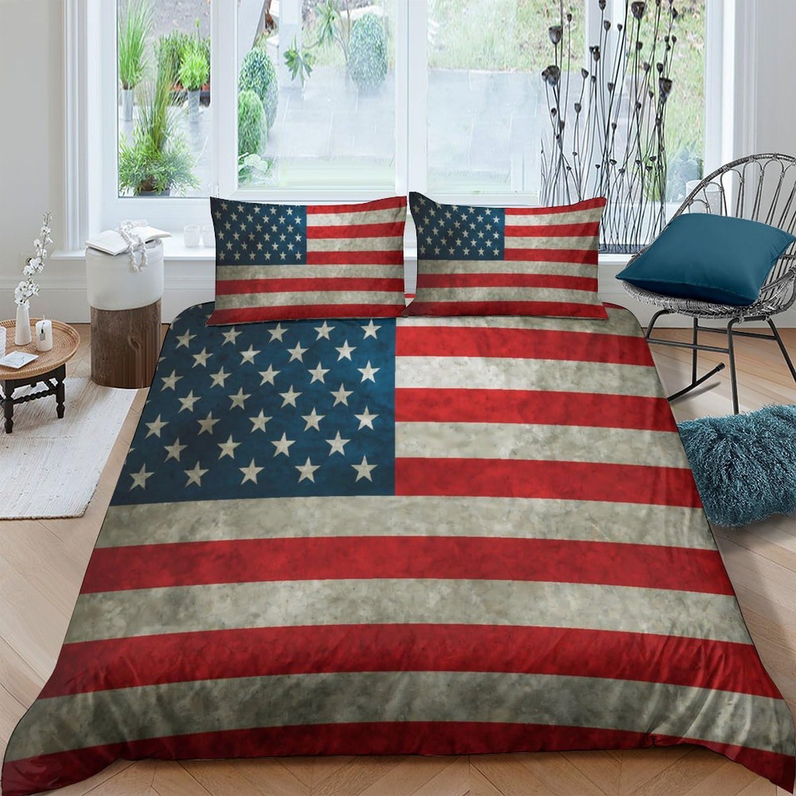 GPLZQXKJNH 3D Printed American Flag Duvet Cover Microfiber Red Blue Bedding Set with 2 Pillowcases for Bedroom Home Decor Single（135x200cm）