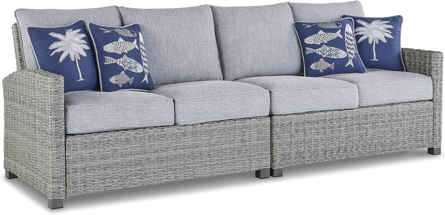 Signature Design by Ashley Naples Beach Curved Coastal 3-Piece Outdoor Sectional with Cushion and 6 Throw Pillows, Light Gray