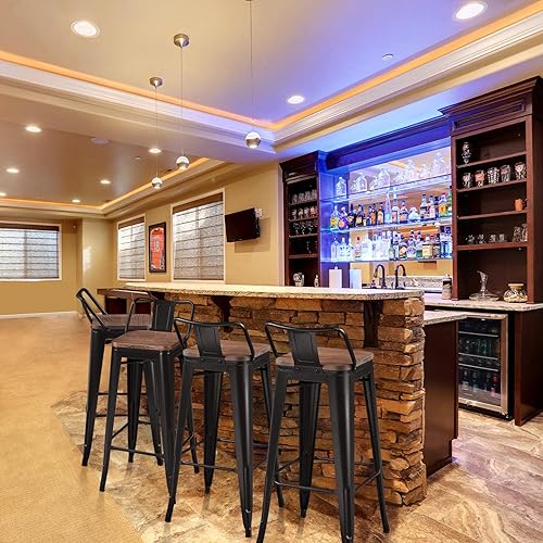 Miniatura 2 de Topeakmart Taburetes de bar de metal de 30 pulgadas, 4 piezas, con asiento de madera, taburetes de metal con respaldo bajo, sillas industriales para