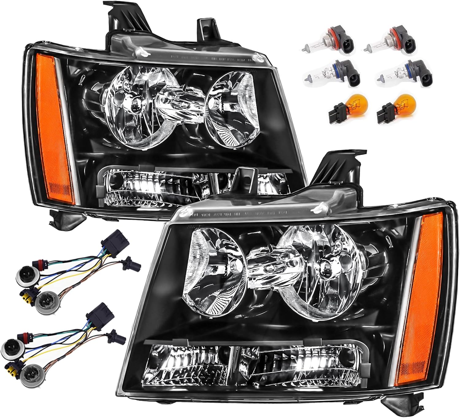Headlights Assembly w/Bulbs & Wiring Harness compatible with 2007-2013 Chvey Tahoe Avalanche Suburban, Black Housing Amber Headlights Kit