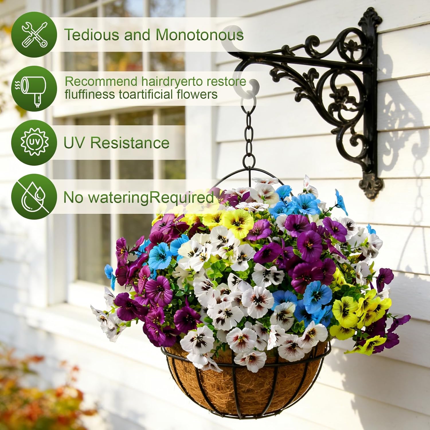 Artificial Fake Flowers for Outdoors Pansy, Spring Flower Decoration for Front Porch Patio Garden Yard Garden Decor, 18 Bundles UV Resistant Silk Faux Outdoor Plants for Hanging Planters