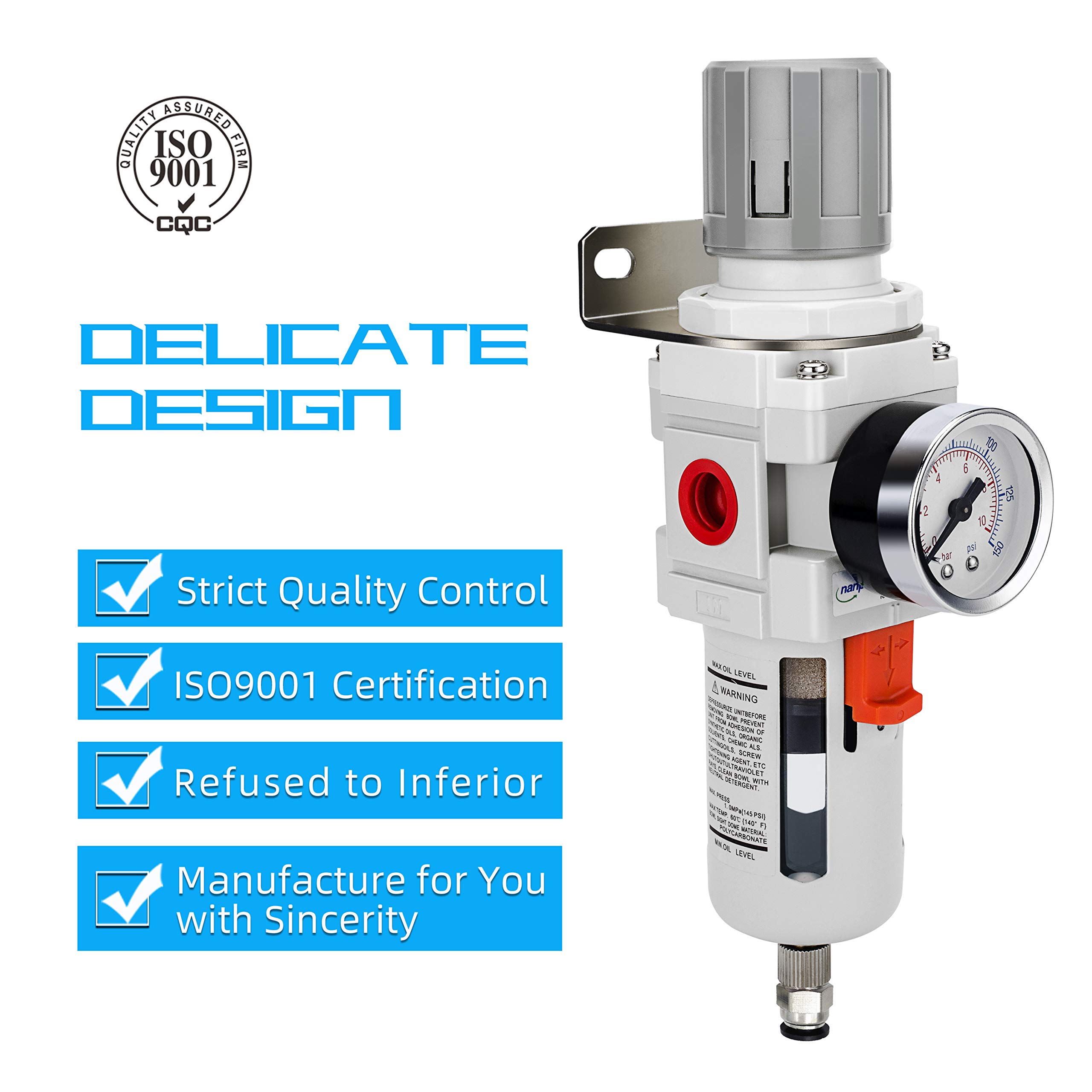 NANPU 3/8" BSP Druckluft Filterregler - 5 μm Messingfilterelement, Manometer (0-10 bar), Poly-Schale, Halbautomatisches Ablassen, Halterung