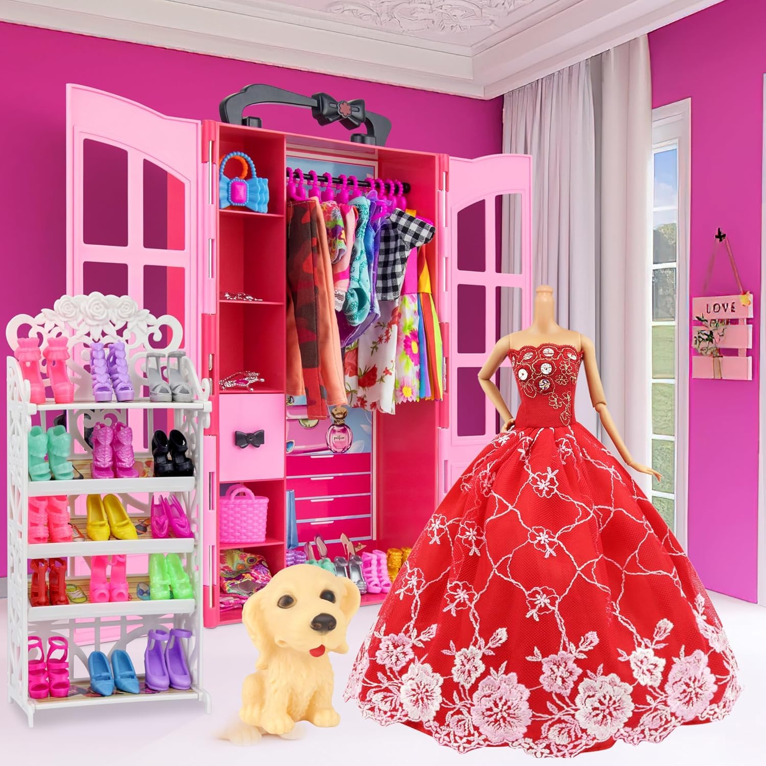 120 Pièces Vêtements et Accessoires avec Armoire pour Poupées 11.5 Pouces | Inclut Robe de Mariage Ensemble, Tenues de Mode Hauts, Pantalons Chaussures, Sacs, Collier, Cintres dans un coffret cadeau