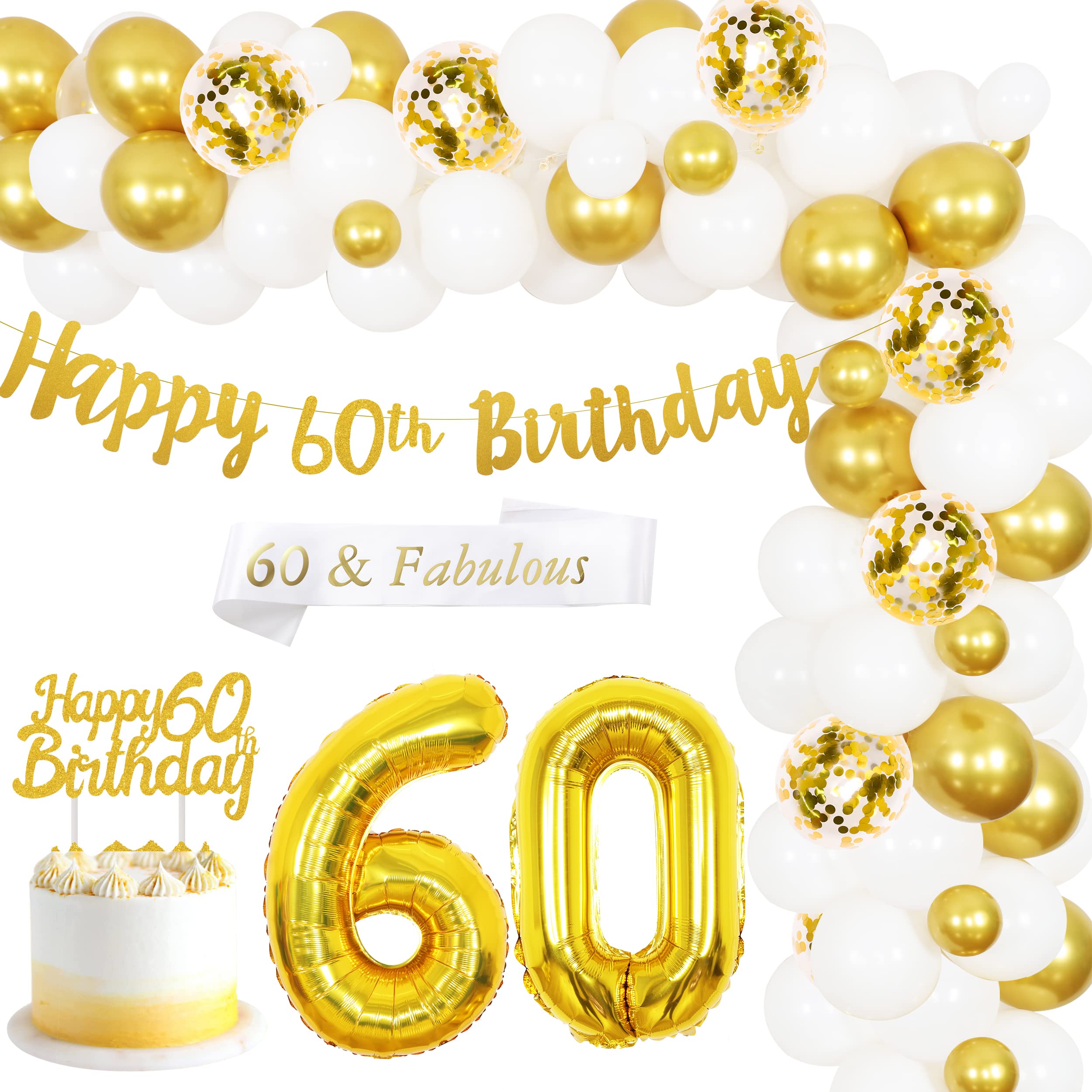 Happy 60th Birthday Hintergrund-Banner – Weiß & Gold, 1,8 X 1,2 M, Mit Umhängeband, Für Fotografie & Partydeko
