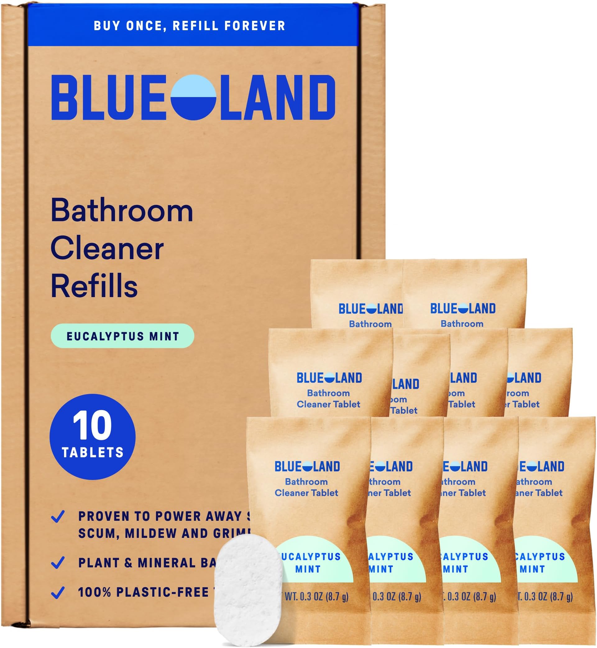 BLUELAND 10 Pack Bathroom Cleaner Refills, Eucalyptus Mint Scent, Eco-Friendly Cleaning Supplies, 35 x 70 ml