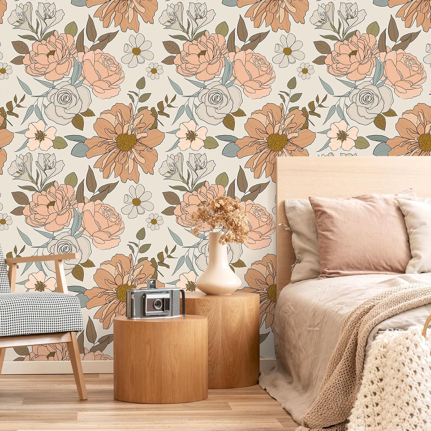 VEELIKE Vintage Peonies Floral Peel and Stick Wallpaper Boho Floral Wallpaper for Bedroom Nursery 17.7''x118'' Removable Wallpaper Floral Wall Mural Self Adhesive Contact Paper for Cabinets Walls
