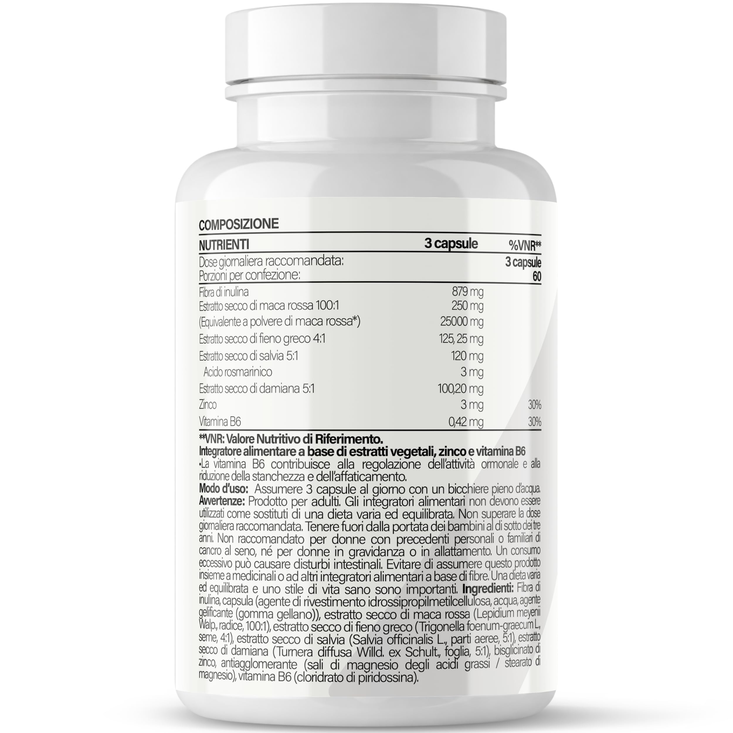 Maca Rossa Donna con Salvia, Fieno Greco e Damiana – Supporto Ormonale Femminile, Energia e Benessere – 25.000 mg Equivalenti di Maca Rossa in Polvere – 180 Capsule, 60 Dosi – Nyvos