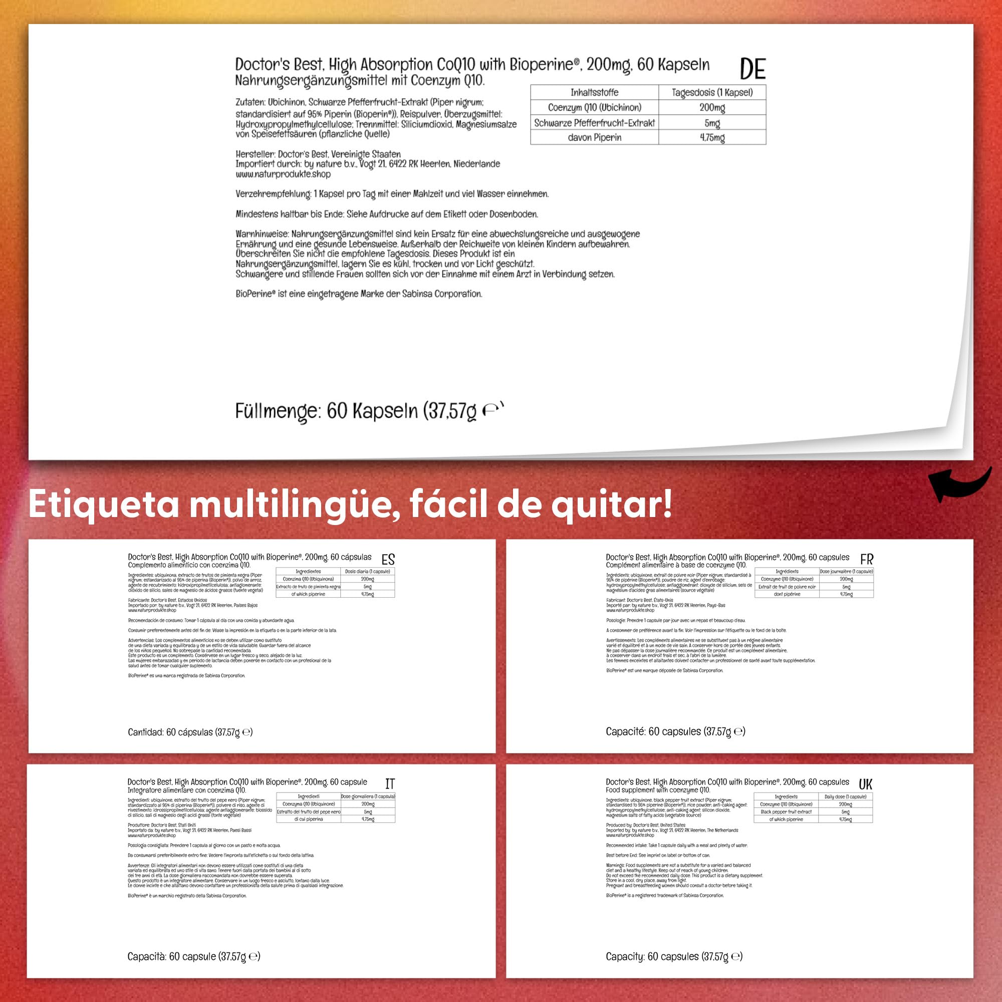 Doctor's Best, High Absorption CoQ10, BioPerina, 200mg, 60 Cápsulas veganas, Probado en Laboratorio, Sin Gluten, Sin Soja, Vegetariano