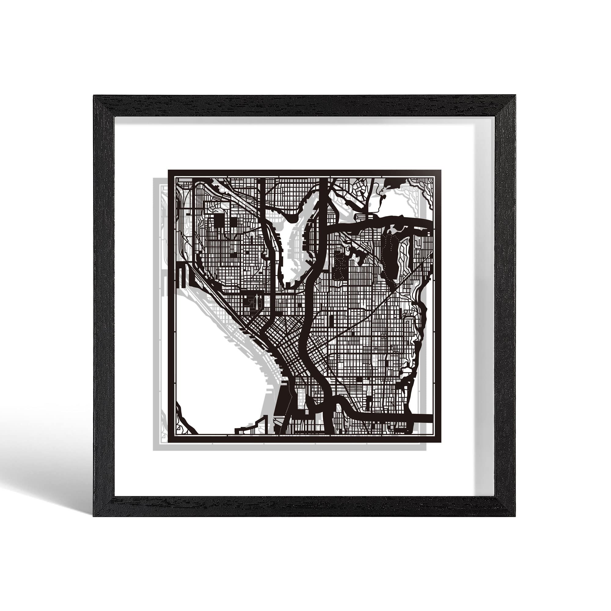 O3 Design Studio Seattle Cut Map Framed, Black map, Black Frame, 9x9 inches, Paper Cutting Art Work, Gift Boxed, 2 Background Color, self-Changing, Wall Art