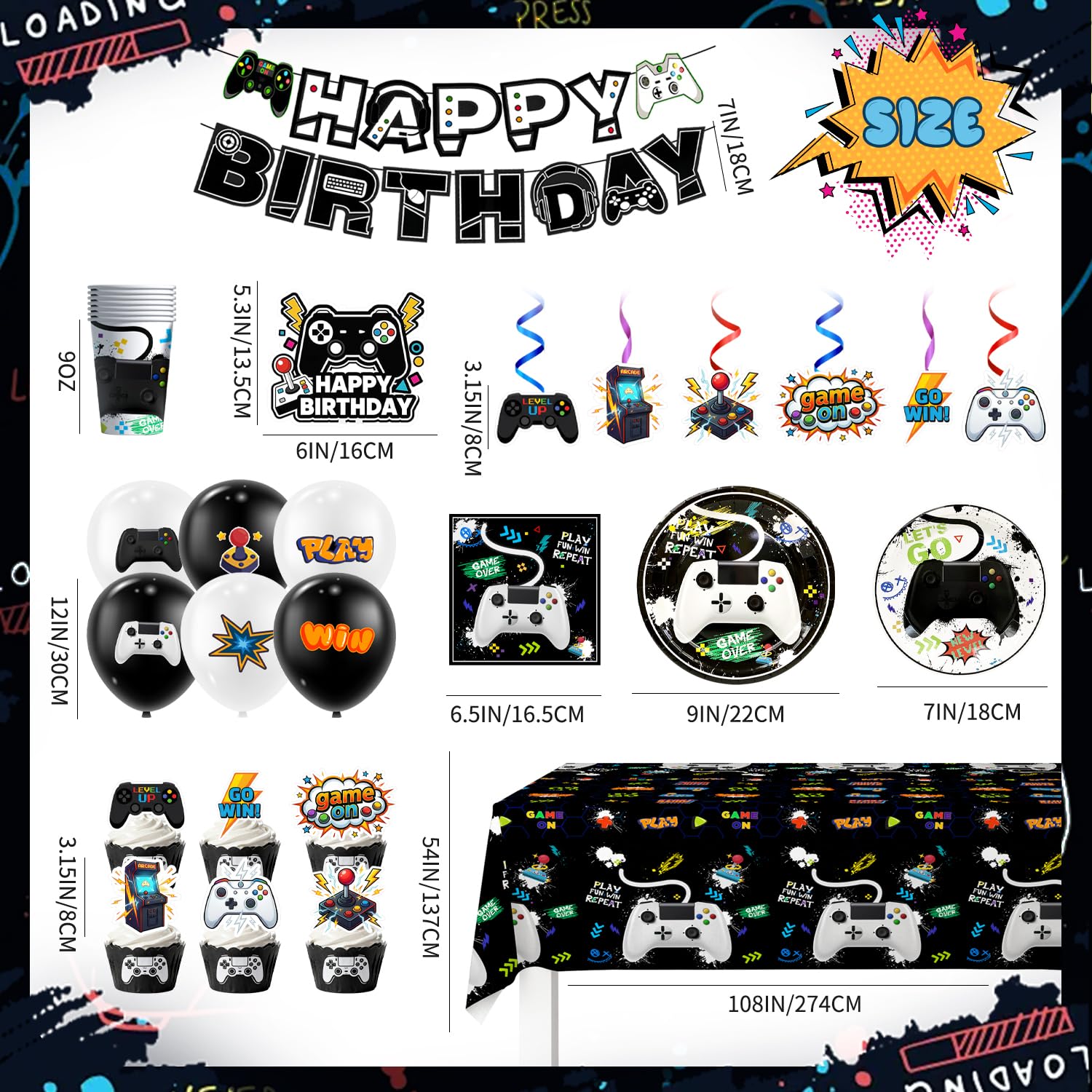 Forniture per Feste per Videogiochi,111 Pezzi Videogiochi Set di Decorazioni Stoviglie Piatti Compleanno Tovaglioli Tovaglia Palloncini Banner etc Decorazione Festa a Tema di Videogiochi