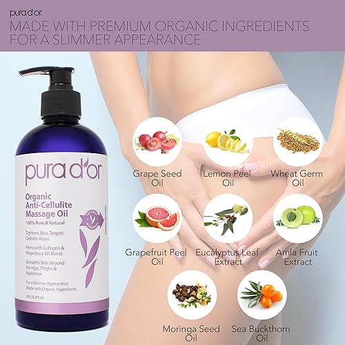 Miniatura 3 de PURA D'OR Aceite de masaje orgánico anticelulítico de 16 onzas para piernas tonificadas y glúteos, aceite de cáscara de limón, aceite de moringa,