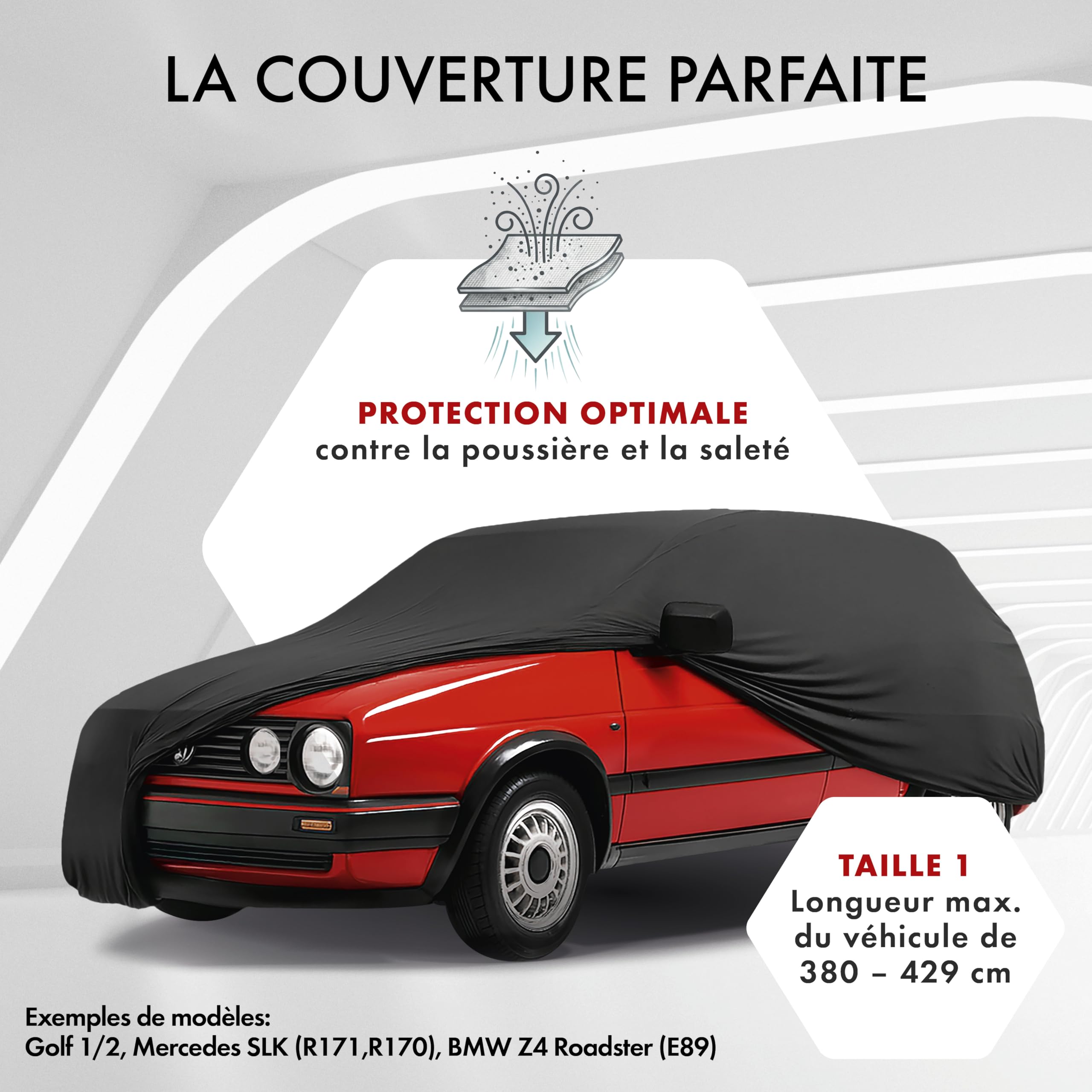 WALSER bâche d'intérieur pour Voiture Indoor Stretch, Bâche Complet pour l'intérieur, étanche à la poussière adaptée Voiture Taille 1 Noir