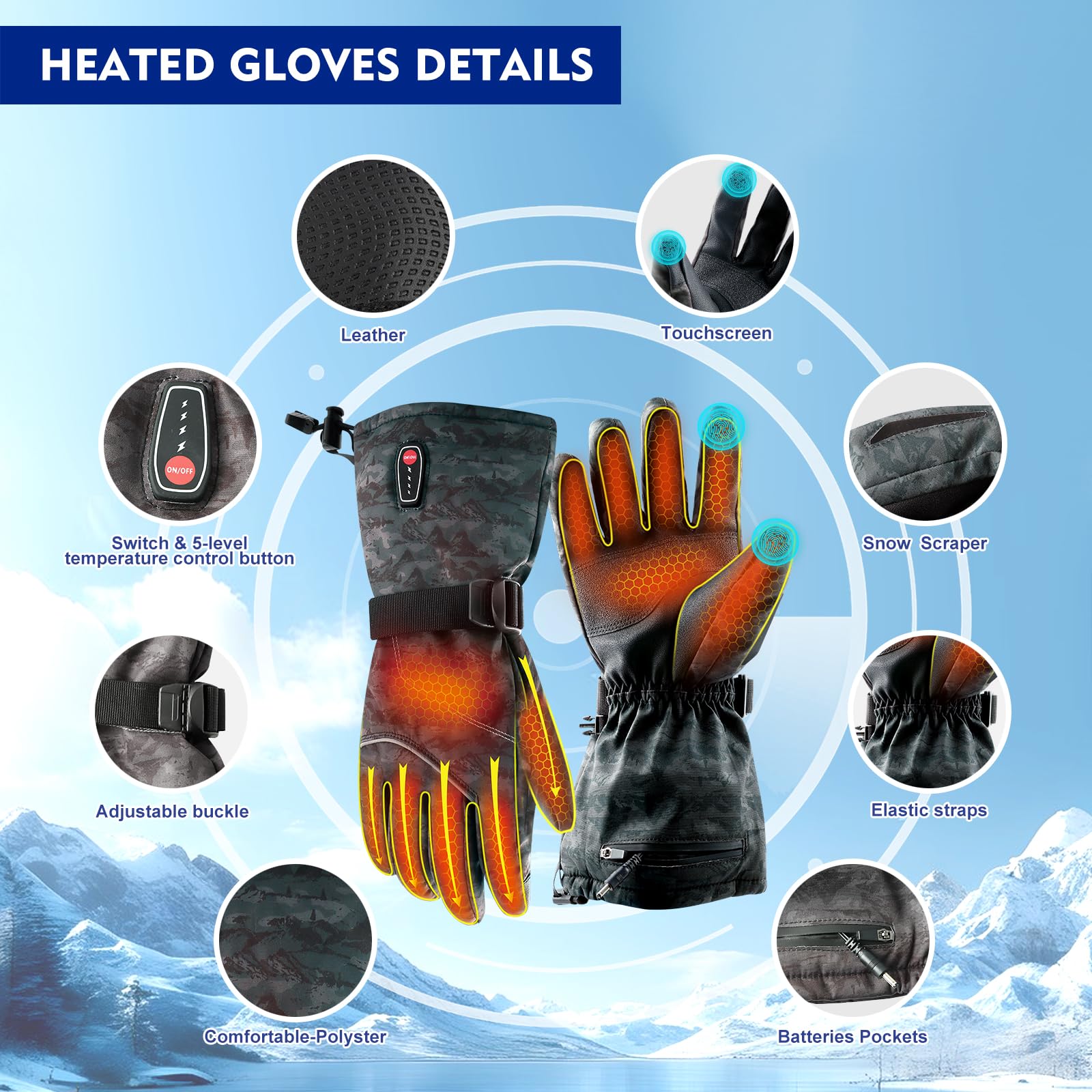 Guantes calefactados, guantes calefactados para hombres y mujeres, resistentes al agua, con pantalla táctil, recargables, con 2 baterías de 7.4 V y 3200 mAh