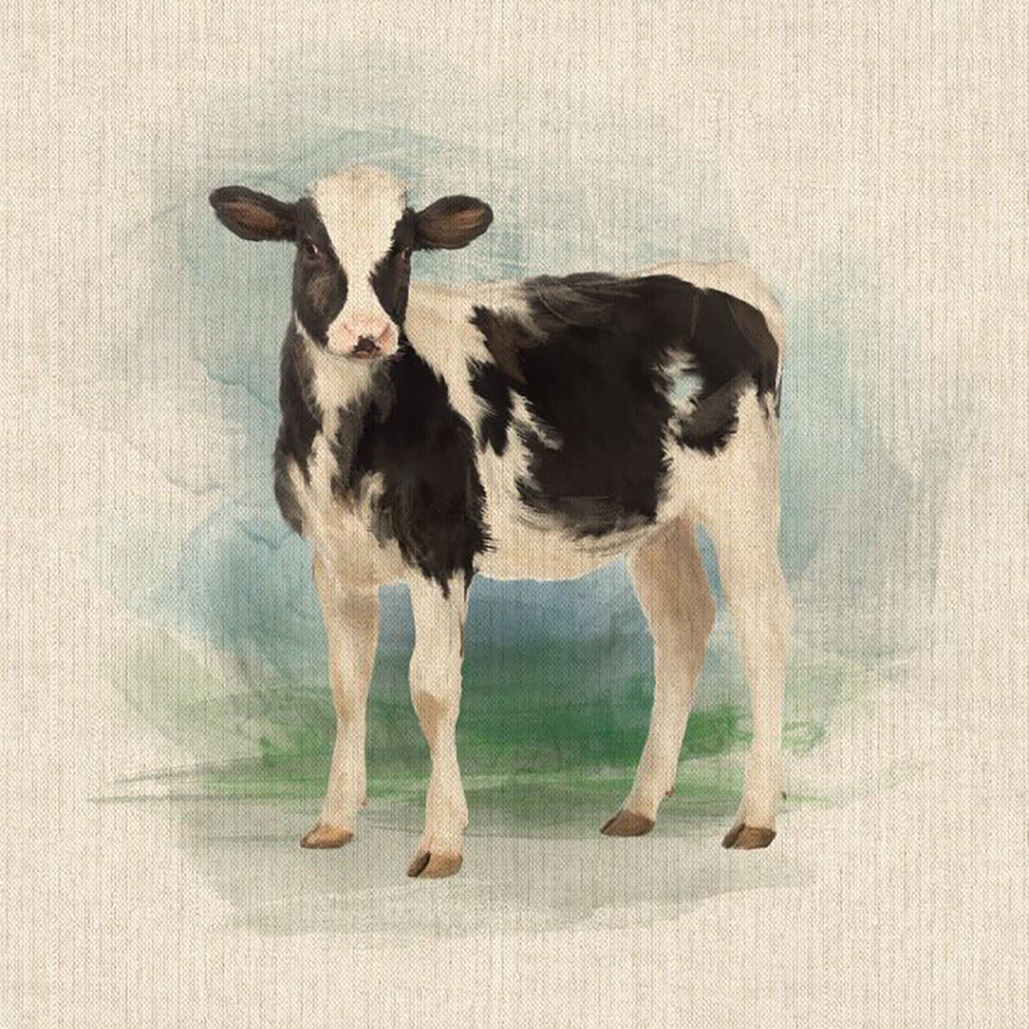 Watercolour Animals Digital Print Design Cotton Rich Linen Look Fabric for Bunting Blinds Craft Quilting Patchwork & Upholstery | Sold Per Panel (Cow)