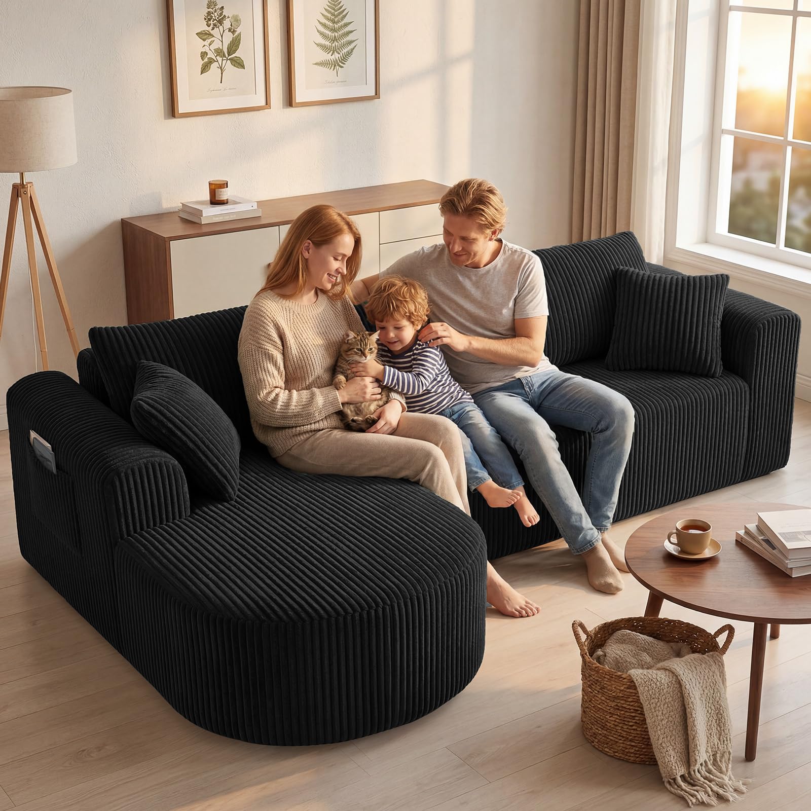COMHOMA Sofá esquinero con función de dormir, 243 cm, sofá modular sin boneless con chaise longue, sofá cama seccional con cojines y bolsillos laterales, sofá para salón, sin montaje, color negro