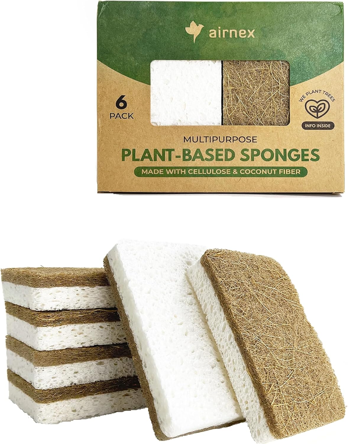 AIRNEX Biodegradable Dish Sponges Set of 6 - Compostable Natural Cellulose and Coconut Fibre Sponge with Scouring Pad - Environmentally Friendly Dish Sponge - Odourless Kitchen Sponges