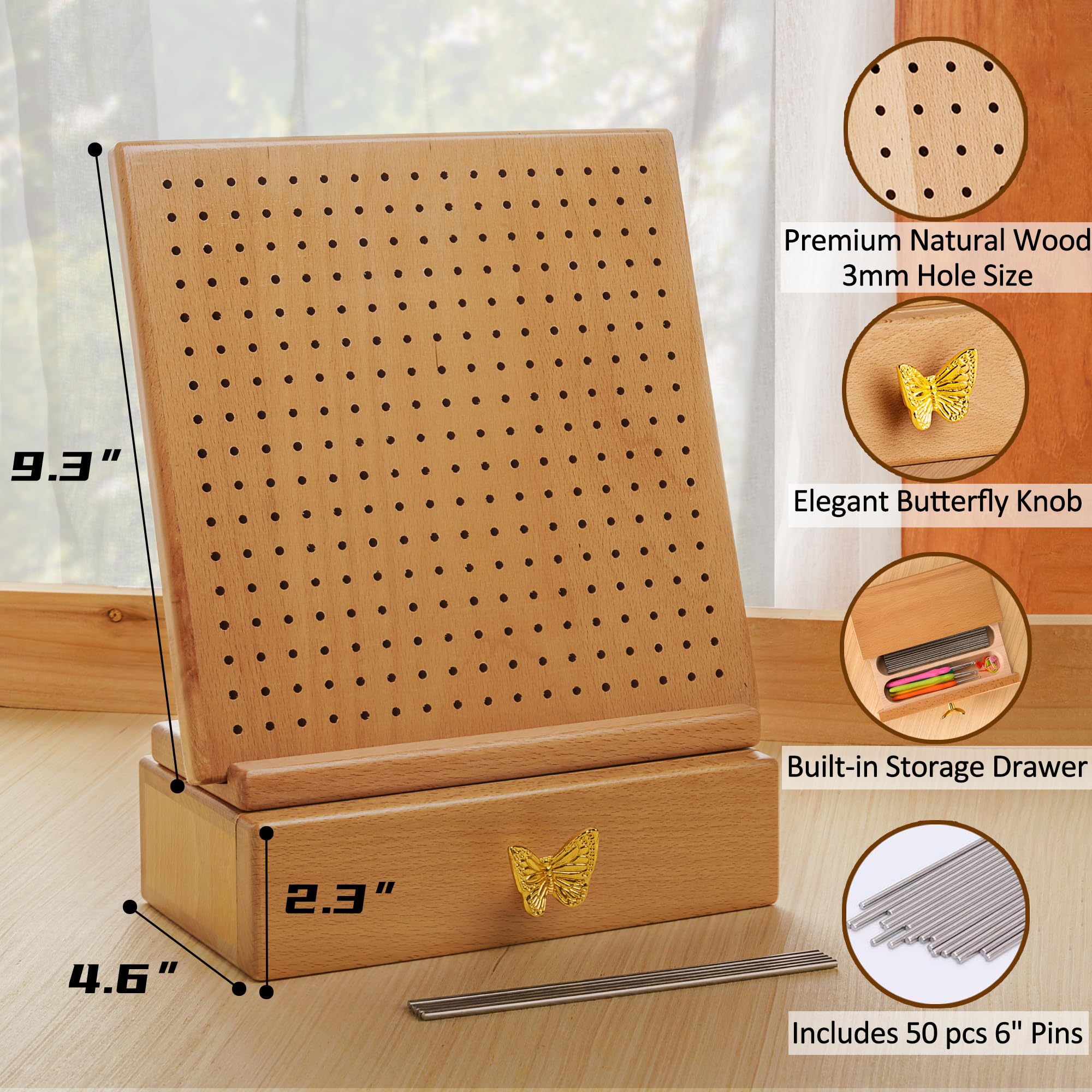 Handgefertigtes Häkelbrett aus Holz – ideales Geschenk-Set zum Stricken von Häkeln und Oma-Quadraten – komplettes Set mit 50 15,2 cm Edelstahl-Stangennadeln, Ständer, Aufbewahrungsschublade (24,1 cm)