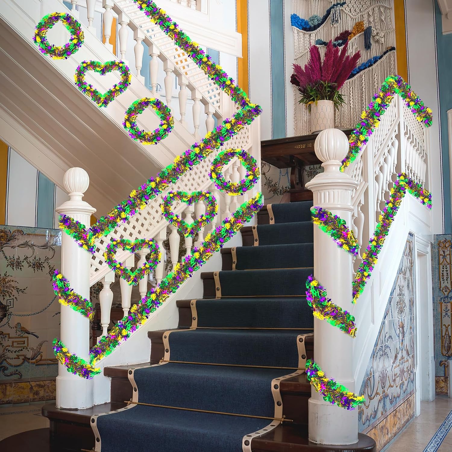 50ft Mardi Gras Tinsel Garland, Mardi Gras Decorations with Purple Green Gold Mask Decorations for Home Party Supplies