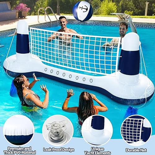Miniatura 4 de Juego de flotador inflable grande de red de voleibol con bola de anclaje de 9 pulgadas, 2 bolsas de peso y diseño de yate, juguete flotante de