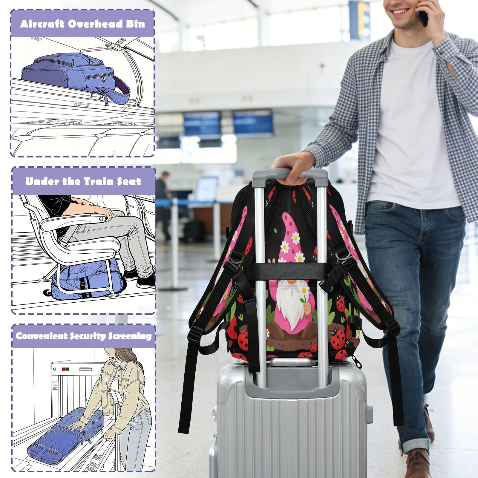 Mały plecak podróżny niezbędnik do samolotów 20 l | Lekka torba na laptopa Peace Love Gnome Lady Bugs Travel Essentials dla kobiet praca bolso para laptop 20L