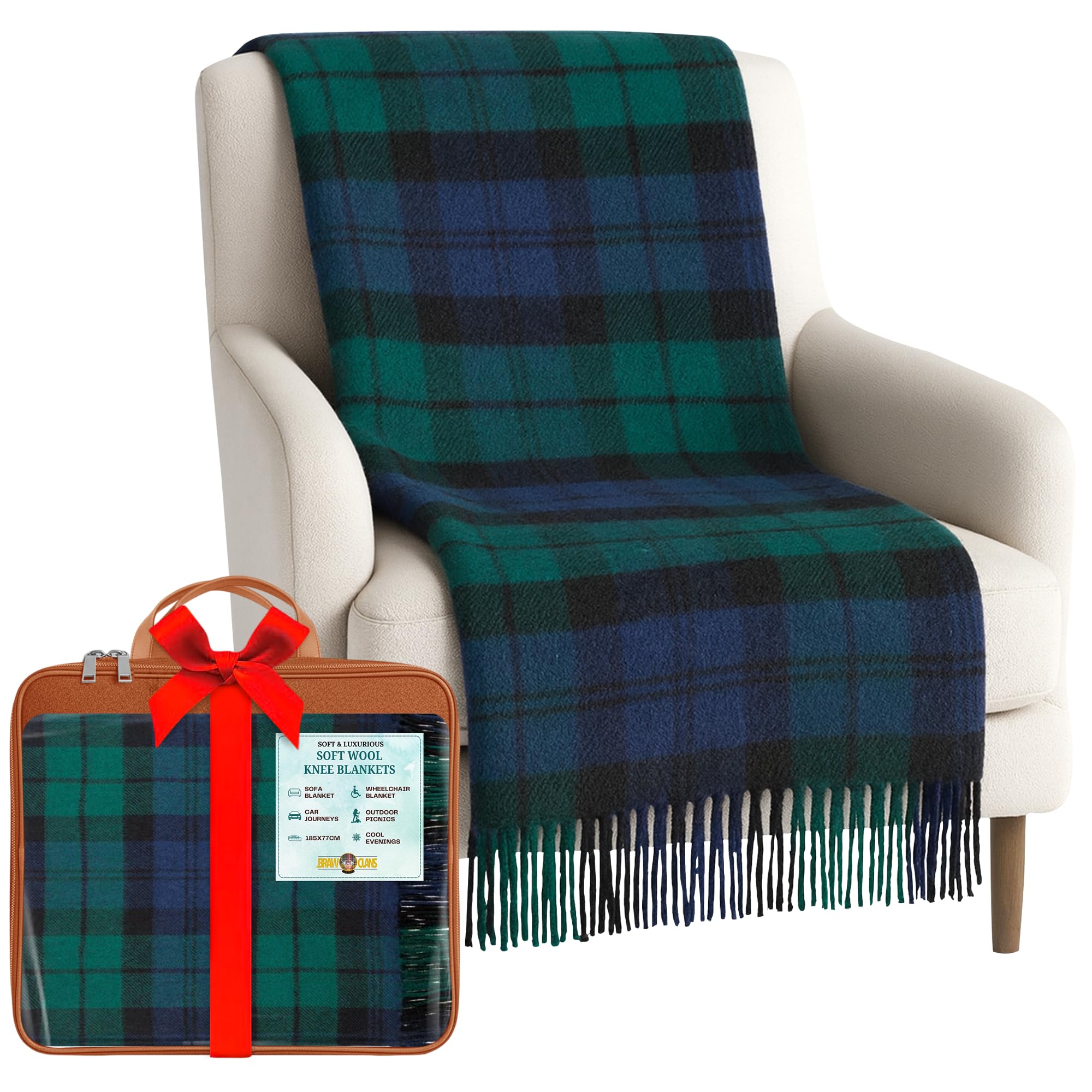 Couverture en Laine Douce à Carreaux Tartan - 185 x 77 cm - Motif Tartan écossais avec Franges - Couverture Chaude pour canapé, Voyage et Voiture pour la fête des mères ou Noël