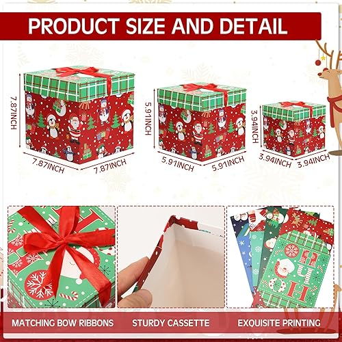 Miniatura 2 de Tenceur Cajas de regalo de Navidad con tapas, 3 tamaños surtidos, apilables, cajas de Navidad anidadas, decorativas, apilables, caja de regalo