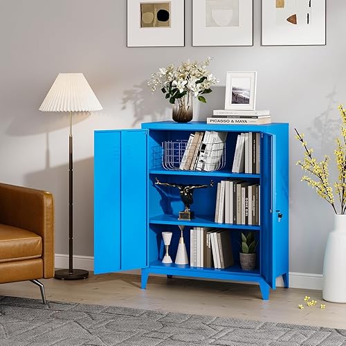 Miniatura 6 de MIIIKO Armario de almacenamiento de metal con 2 puertas de bloqueo, armarios de almacenamiento azules con 2 estantes ajustables, aparador de buffet