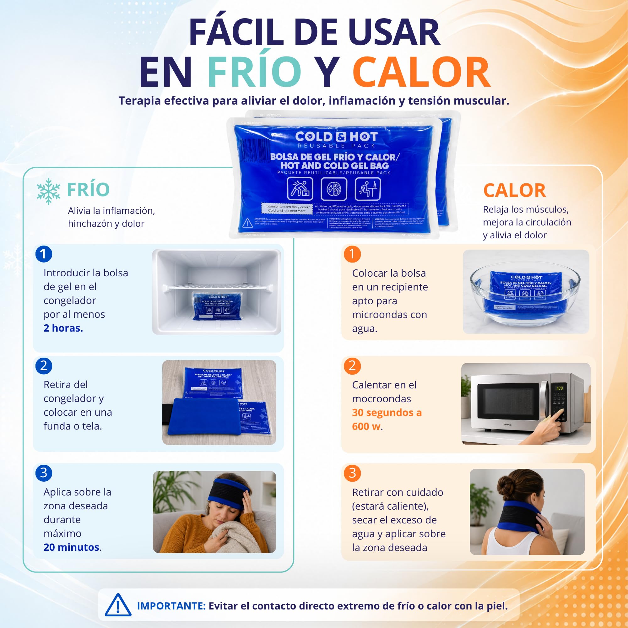 Pack de 2 Bolsas de Gel Frío o Calor Reutilizables (26 x 15 cm) - Incluye 1 Funda Multiposición de Tela con banda de compresión - Aptas para Nevera y Microondas - Ideales para Terapias