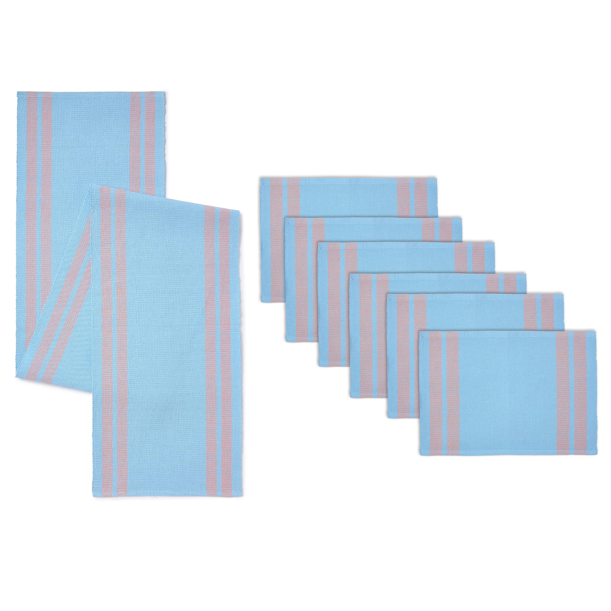 Encasa XOTable Runner and Placemats Set 6 | Fine Ribbed Cotton | Ladder Blue | 1 Table Runner Size 13"x72" & Each Table Mat Size 19x13 Inch
