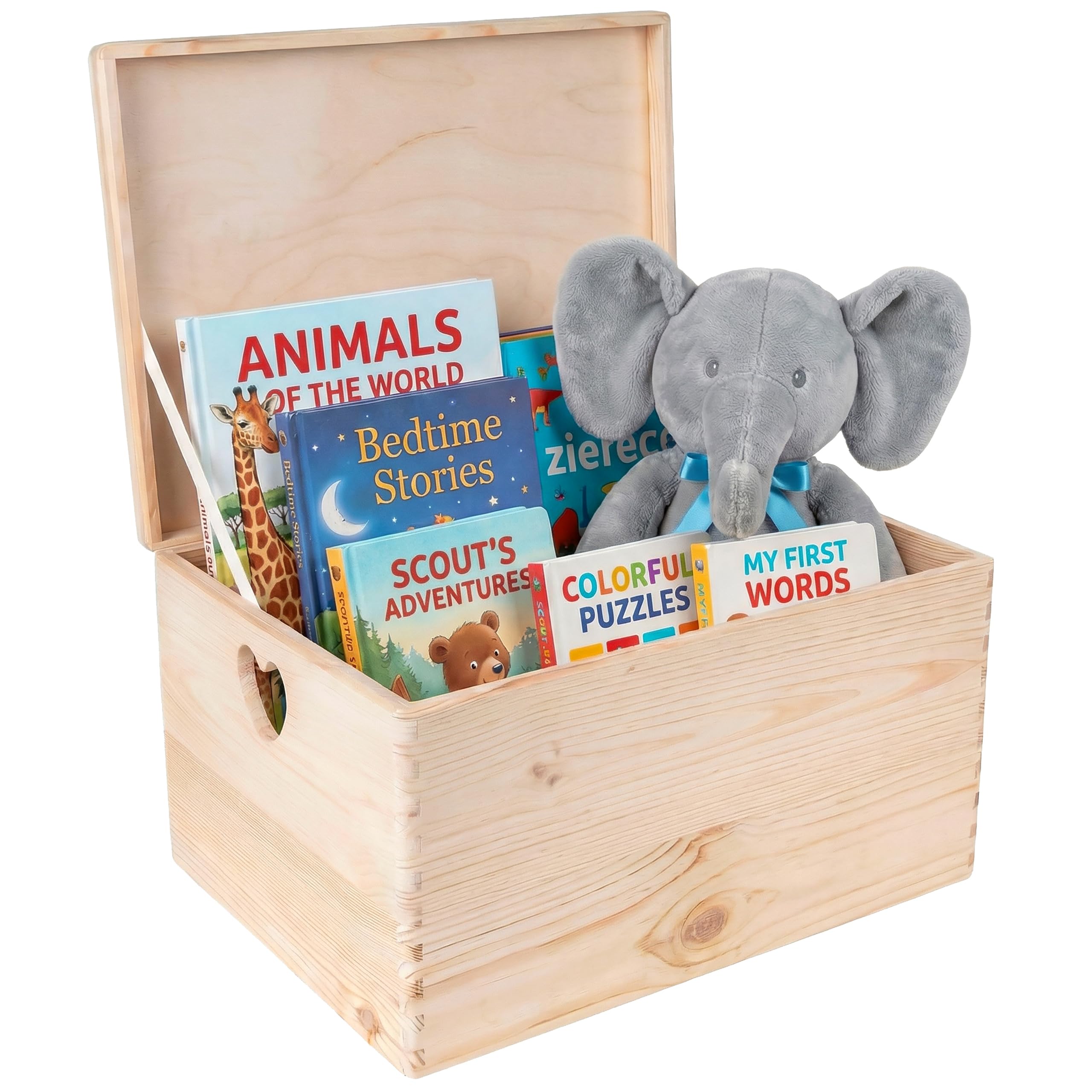 Creative Deco Holzkiste mit Deckel | 40x30x24 cm (+/-1cm) | Erinnerungsbox Baby Groß Holzbox Unlackiert Kasten | Herzförmigen Griffen | Für Dokumente Ostern Spielzeuge Werkzeuge ROH UNGESCHLIFFEN