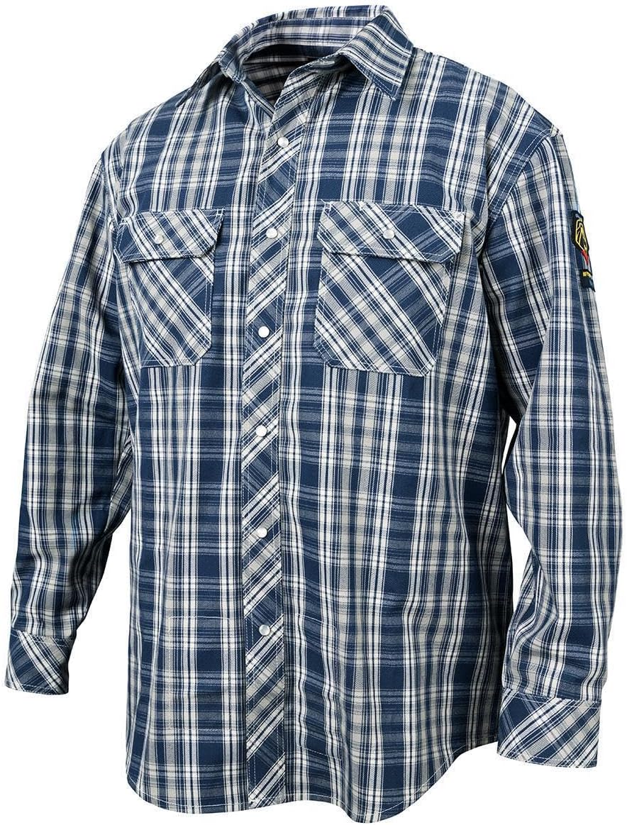Black Stallion (WF2110-PB Cotton Work Shirt, 7 oz Flame Resistant AR/FR Cotton, Pearl Snap Closure, Chest Pockets with Flaps, Flame Resistant Stitching, Medium, Blue Plaid