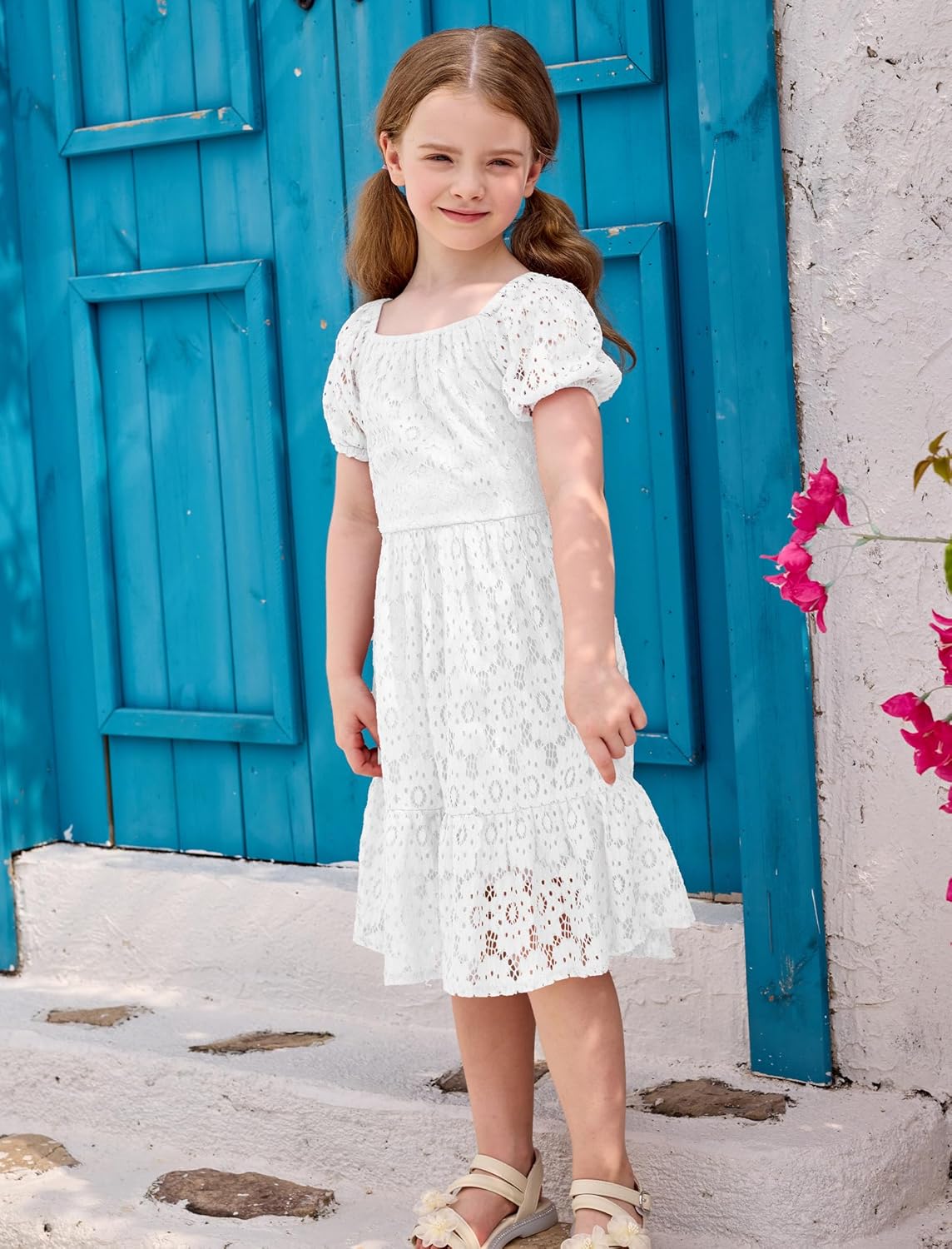 AWIBMK Mommy and Me Vintage Lace Dress Puff Sleeve Bow Tie Back A-line Mother Daughter Summer Casual Party Dresses