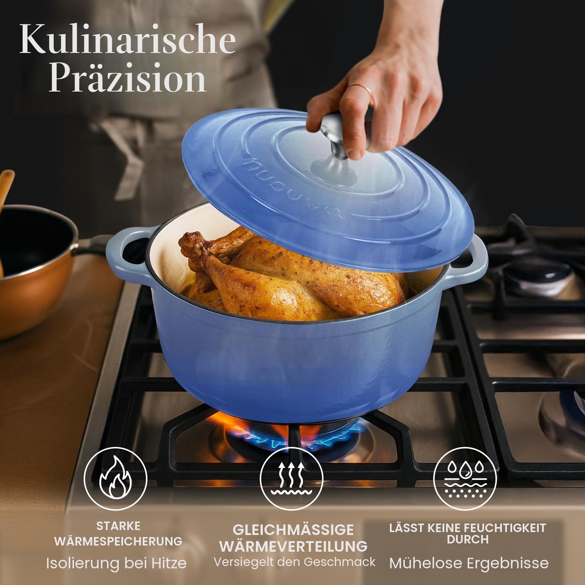 Gusseisen-Ofentopf mit Deckel – Emaille-Schmortopf mit Antihaft, Ofenfest – Küstlich Blau, 6.1 Liter, 28 cm – von Nuovva