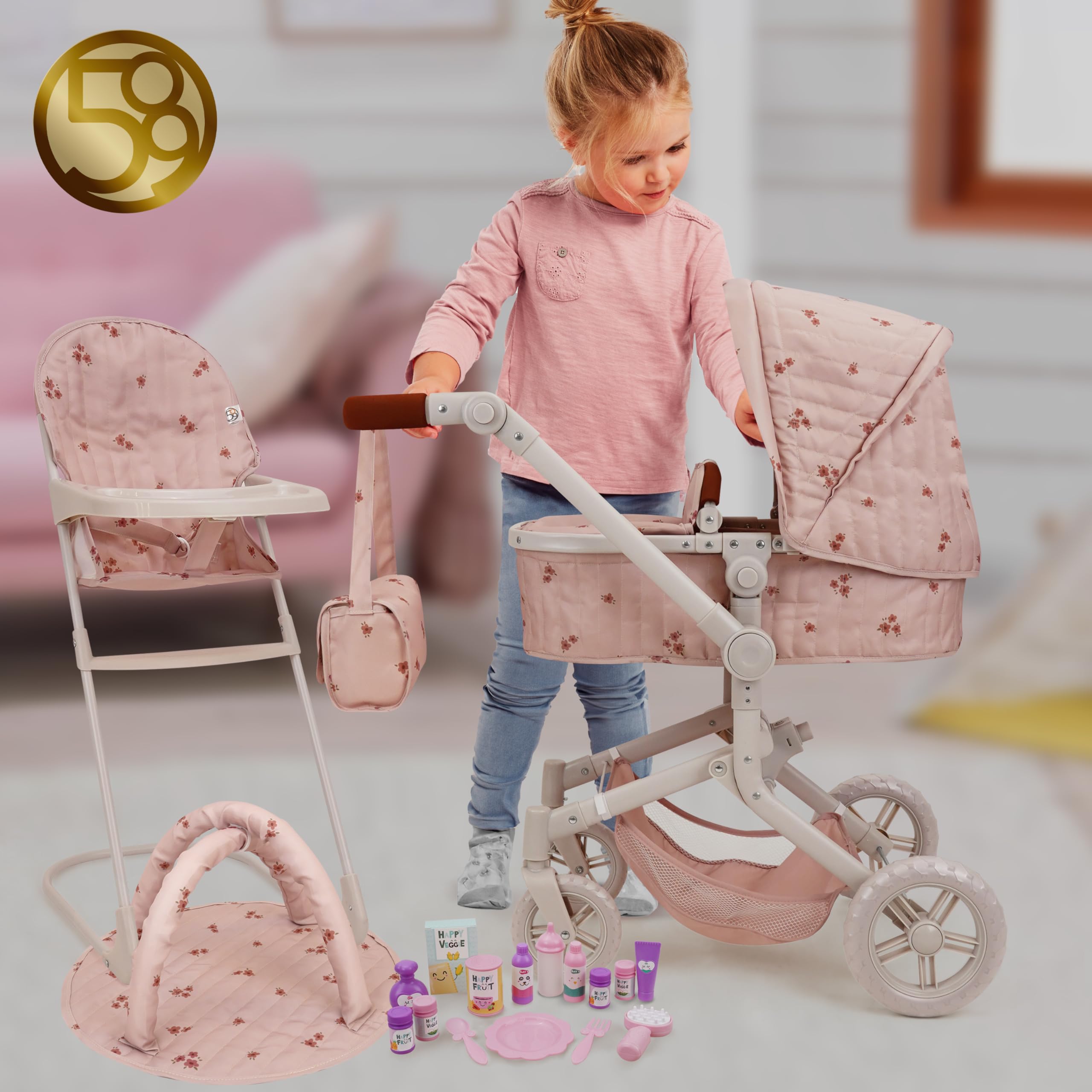 509 Zestaw 19 szt. City Park Doll Pram n Play, Multi Play Doll Pram Stroller, High Chair, Activity Gym, Changing Bag, 15 sztuk, akcesoria do lalek 53 cm, dla dzieci w wieku 3+