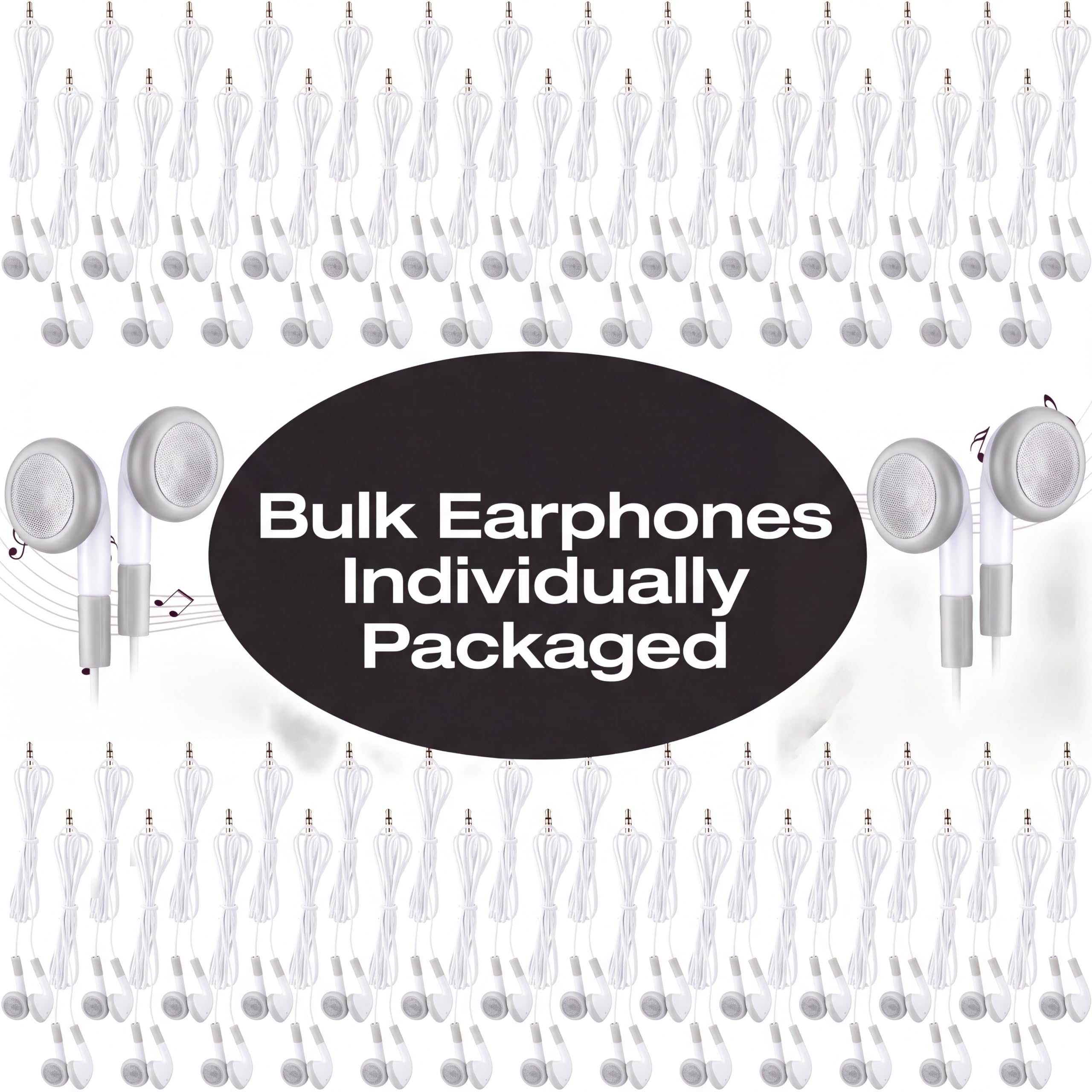 Kanayu Paquete de 100 auriculares a granel para niños, estudiantes, aulas, escuela, juego de auriculares sin micrófono, para adultos, biblioteca, portátil, empaquetados individualmente (blanco)