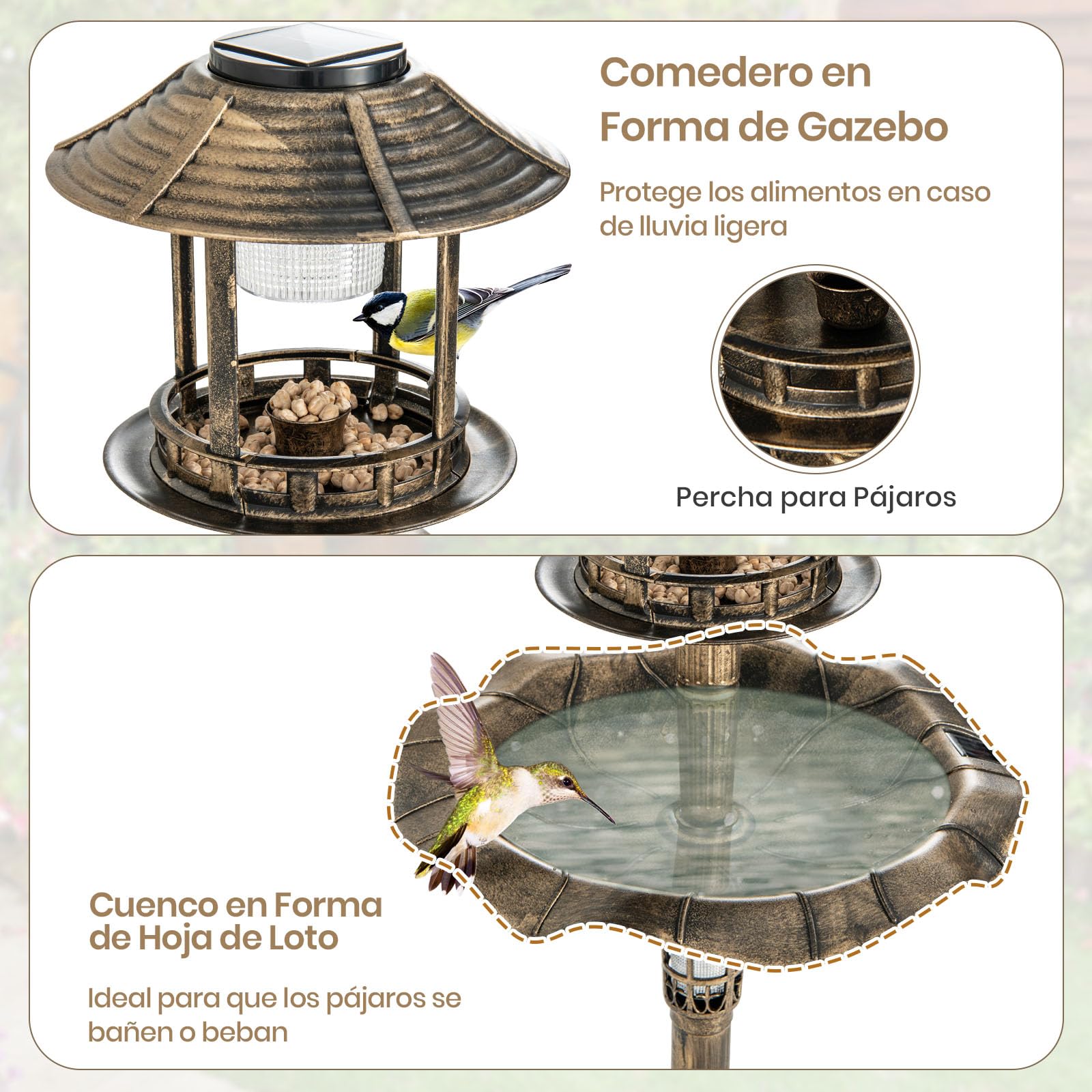 GOPLUS Comedero Pájaros con 2 Luces LED Solares, Bebedero Pájaros Exterior con Macetero de Flores y Soporte Rellenable, Decoración de Jardín Exterior, Alimentador para Aves PP 43x110cm (Bronce)
