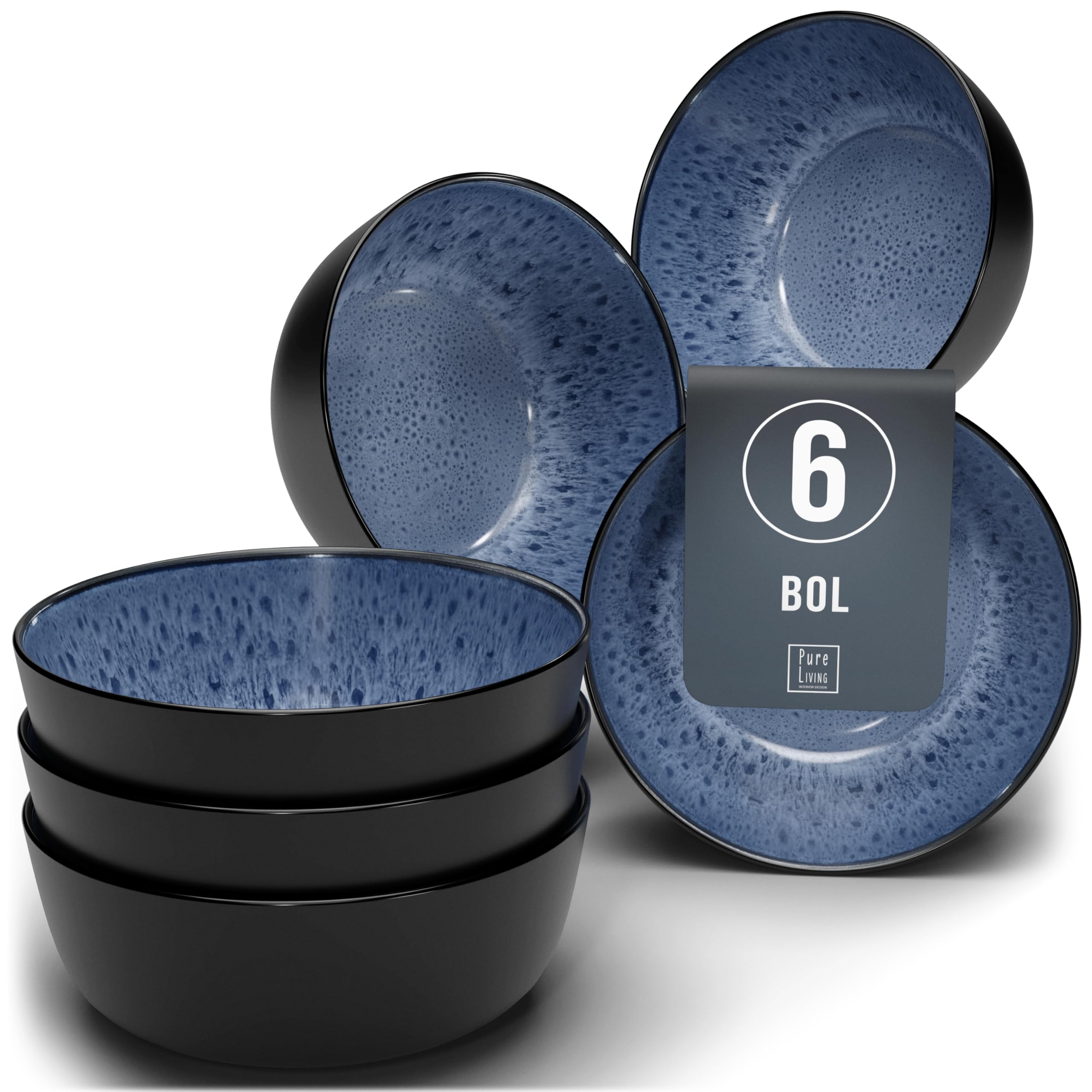 Pure Living Stoneware Cereal Bowls for 6 People, Ibiza Test Winner, Dreamlike Mediterranean Stoneware Cereal Bowl Set, Small Bowl, Cereal Bowl - Pure Living in Deep Blue