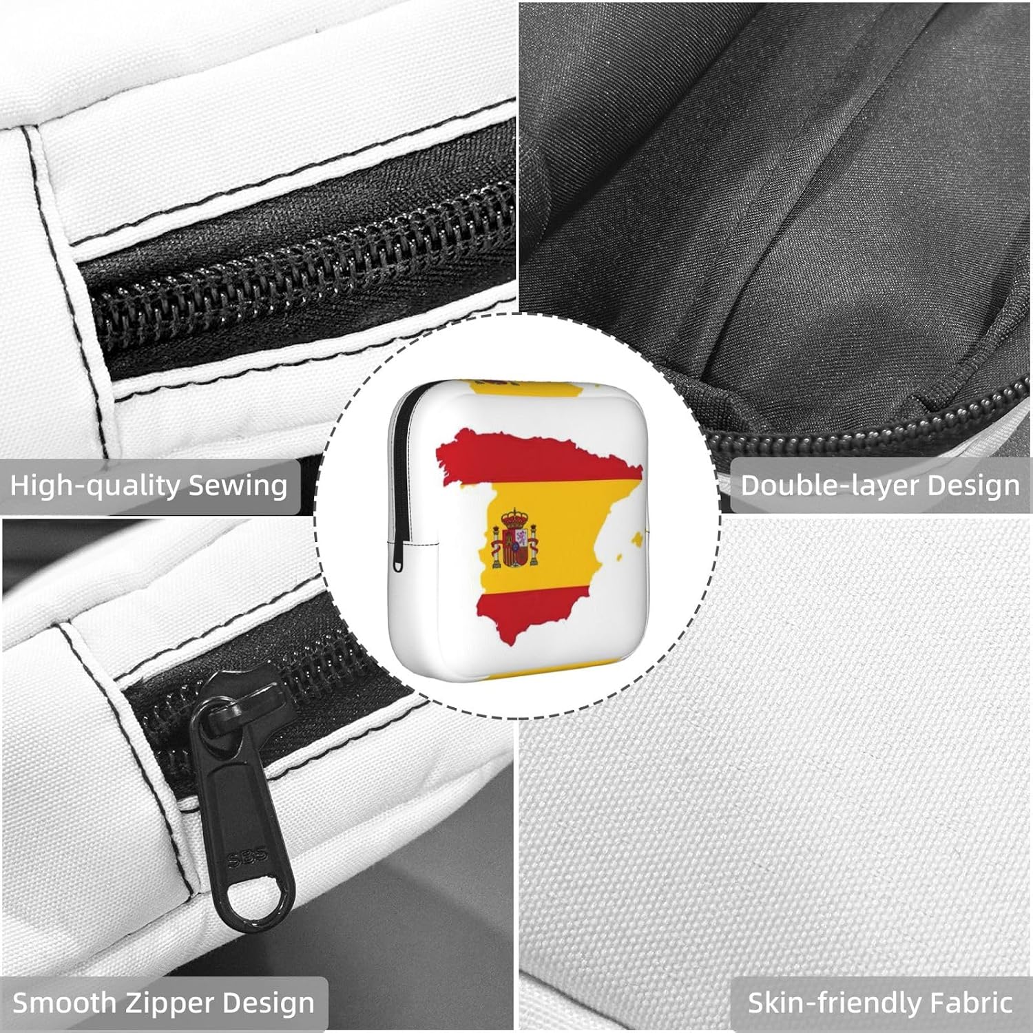 Spanish Flag Map Print Women Period Bag Sanitary Pouch Portable Pad Pouch Tampon Holder Small Zipper Pouch Storage Bag