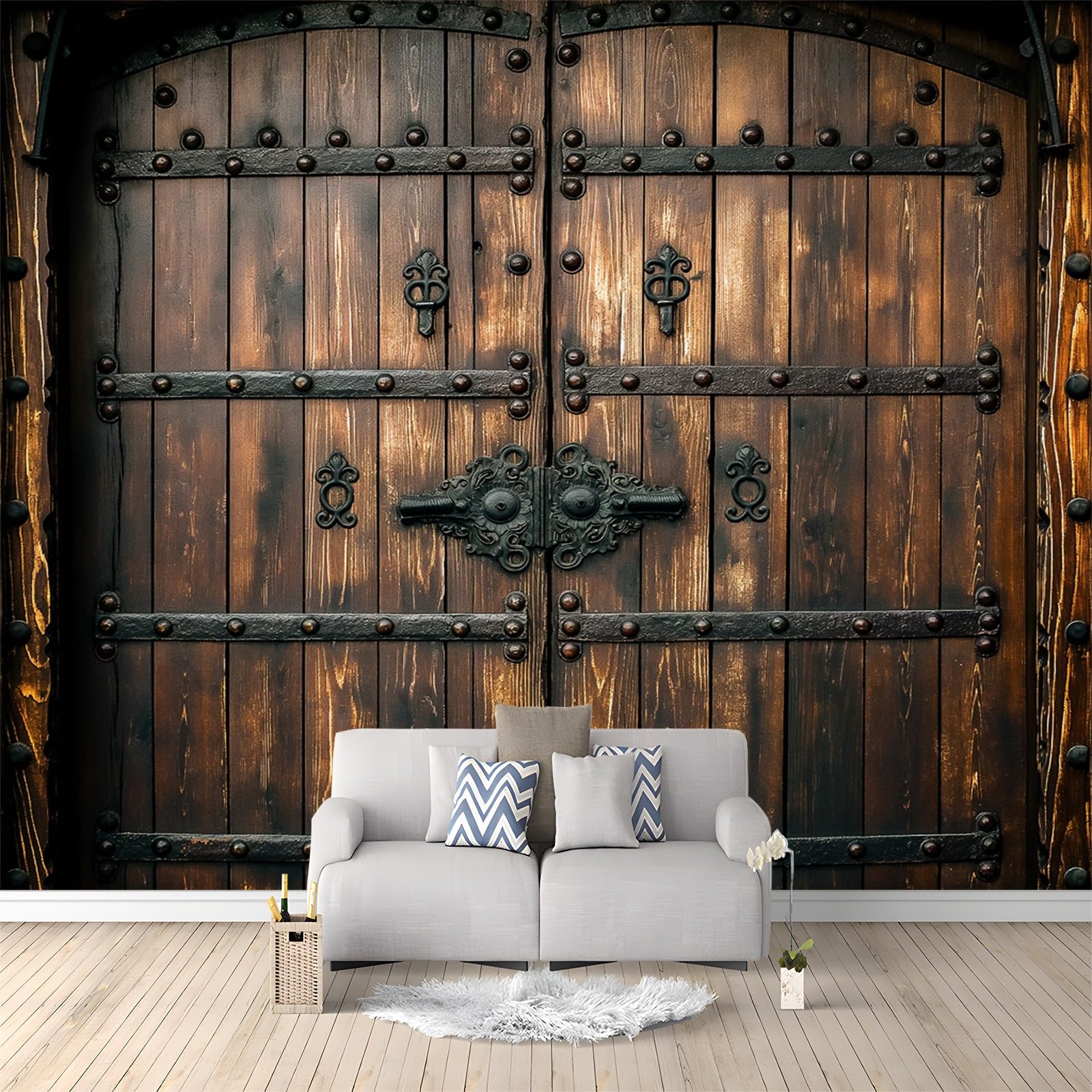 Papier peint intissé haut de gamme porte bois marron fresque murale luxe 300x210