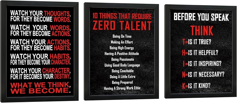 Pyradecor Black Framed Wall Art 3 Panels Motivational Office Positive Quotes Inspirational Poster Canvas Prints for Classroom Living Room Office Home Decorations