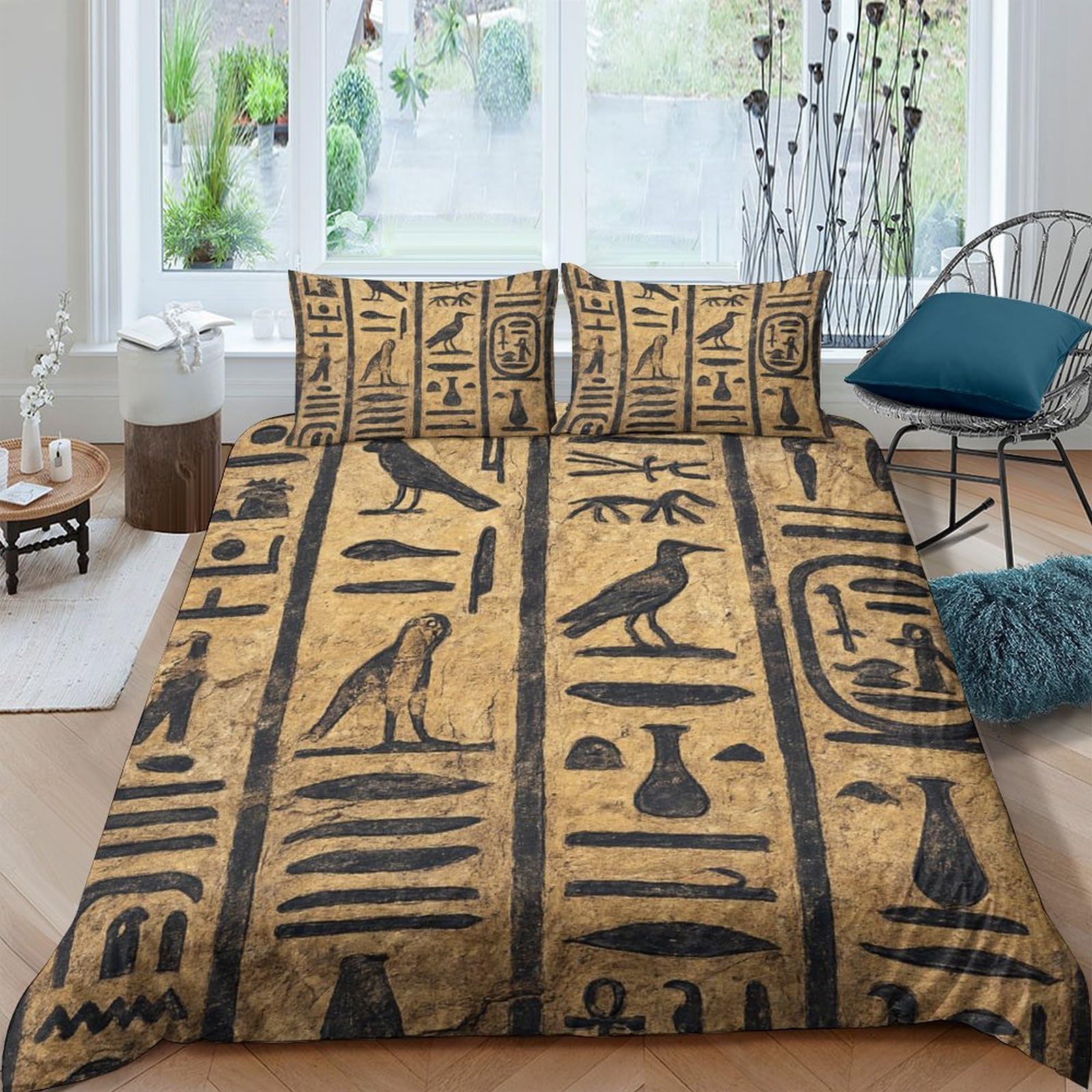 Ctjqhvkz Style-5 3D Printed Egyptian Hieroglyph Fitted Sheet Microfiber Soft Black Gold Ancient Symbol Mattress Cover For Bedroom Decor Single（135X200cm）