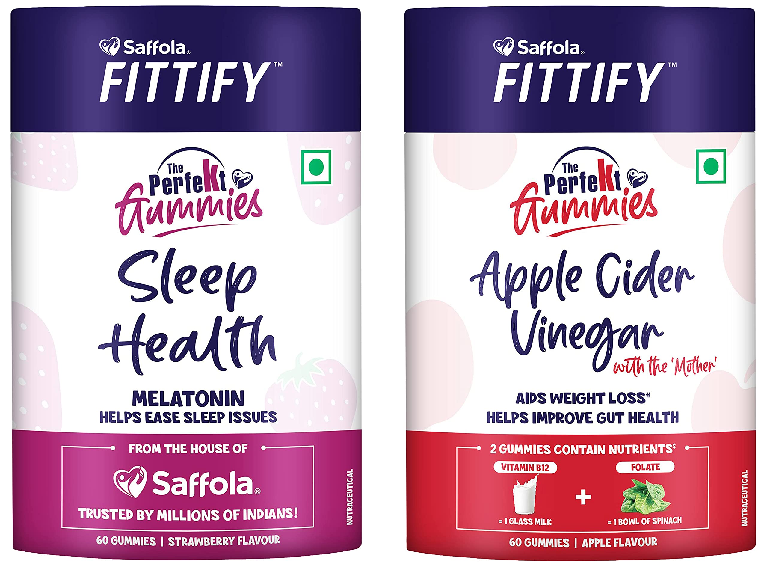 Saffola Fittify The PerfeKt Gummies for Better Sleep | 60 Gummies| Strawberry Flavour & Saffola FITTIFY The Perfekt Gummies | Apple Cider Vinegar with The Mother | 60 Gummies
