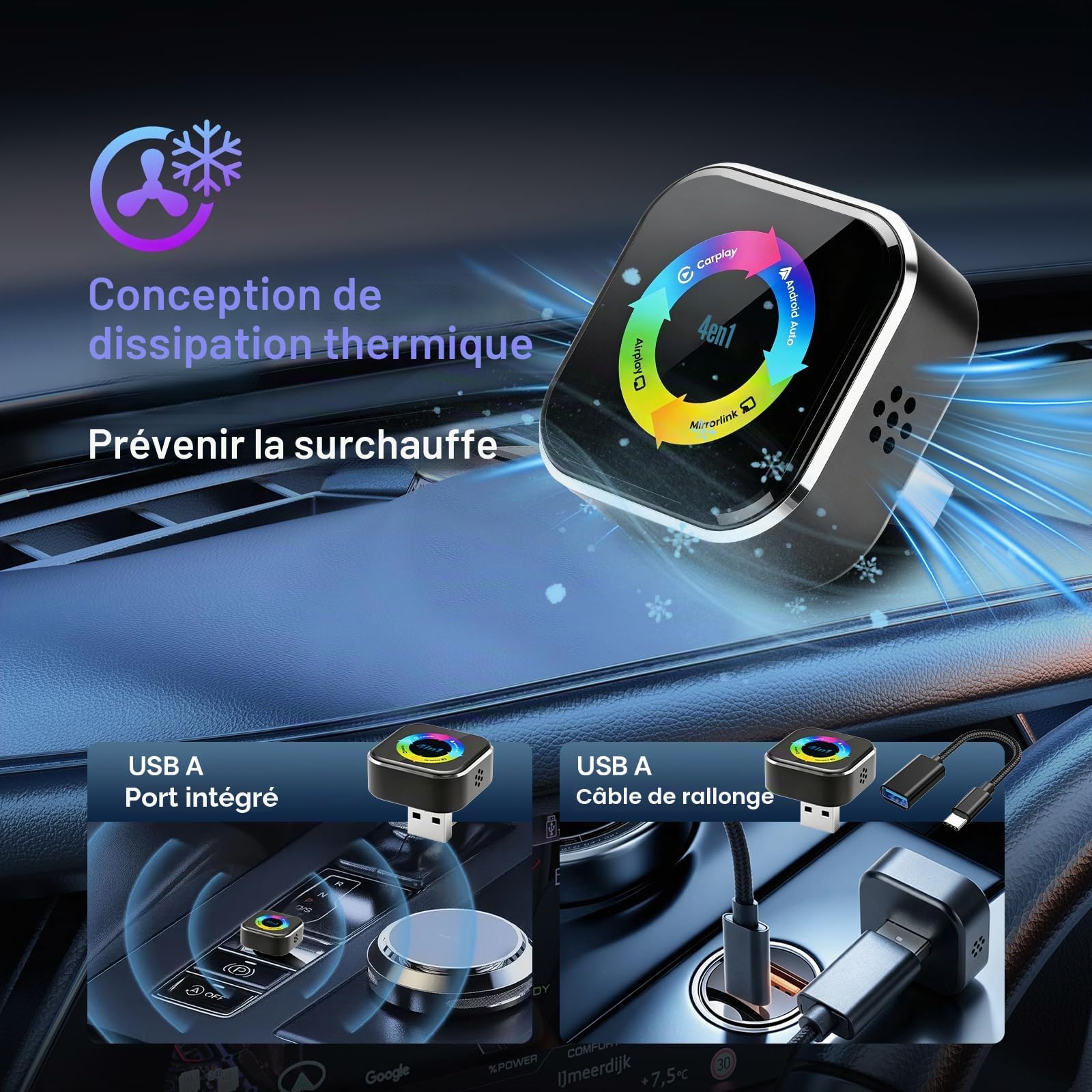Adaptateur sans Fil CarPlay 4 en 1 - Filaire vers sans Fil pour Car-Play & Android Auto avec Mirror Link & AirPlay, Module CarPlay sans Fil Plug & Play pour téléphone et Android, Voitures à partir de