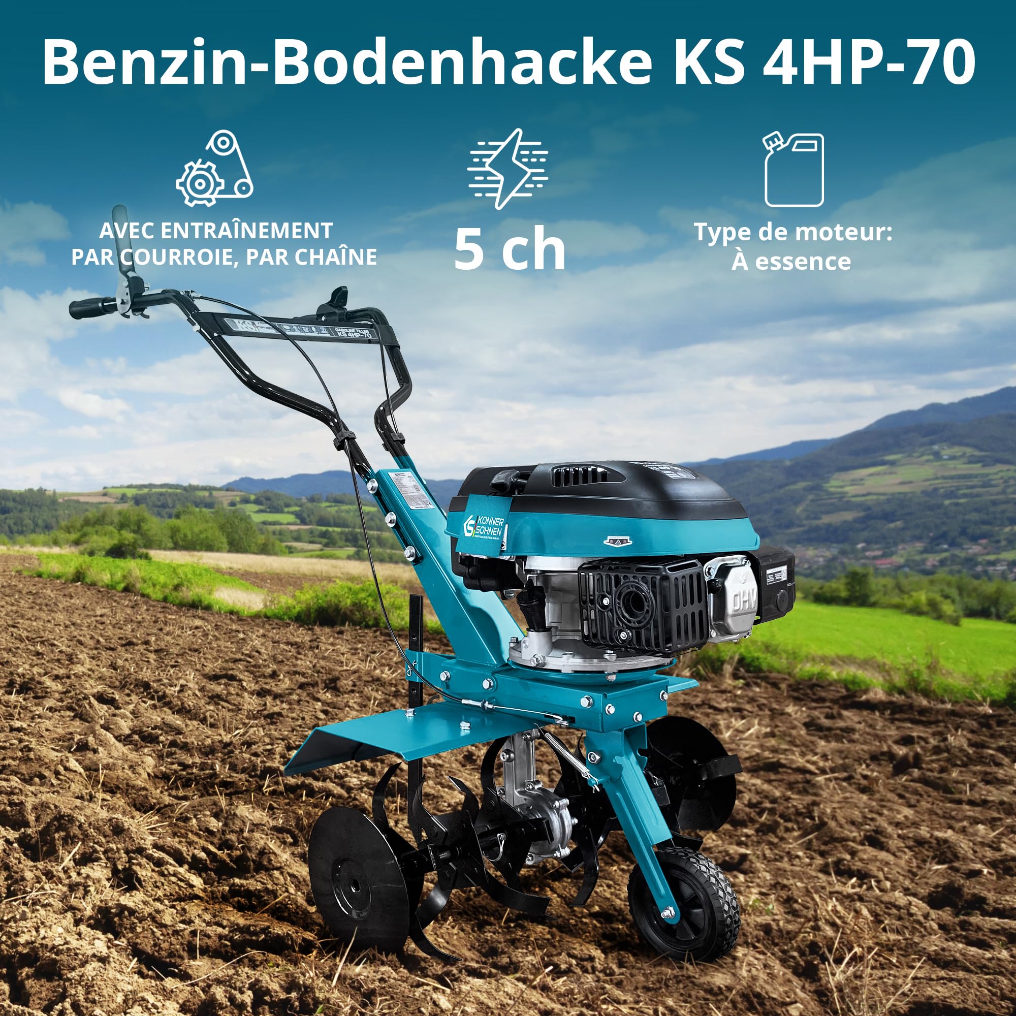 Könner & Söhnen KS 4HP-70 Motobineuse à Essence avec entraînement par Courroie, motoculteur avec Fraise Sabre forgée, Largeur de Travail ≤ 70 cm, Profondeur de Travail ≤ 27 cm, Puissance du Moteur 4