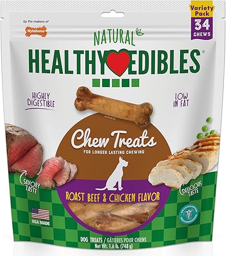Nylabone Healthy Edibles - Paquete variado de premios naturales de larga duración para perros pequeños, 34 unidades, sabores de carne asada y pollo,