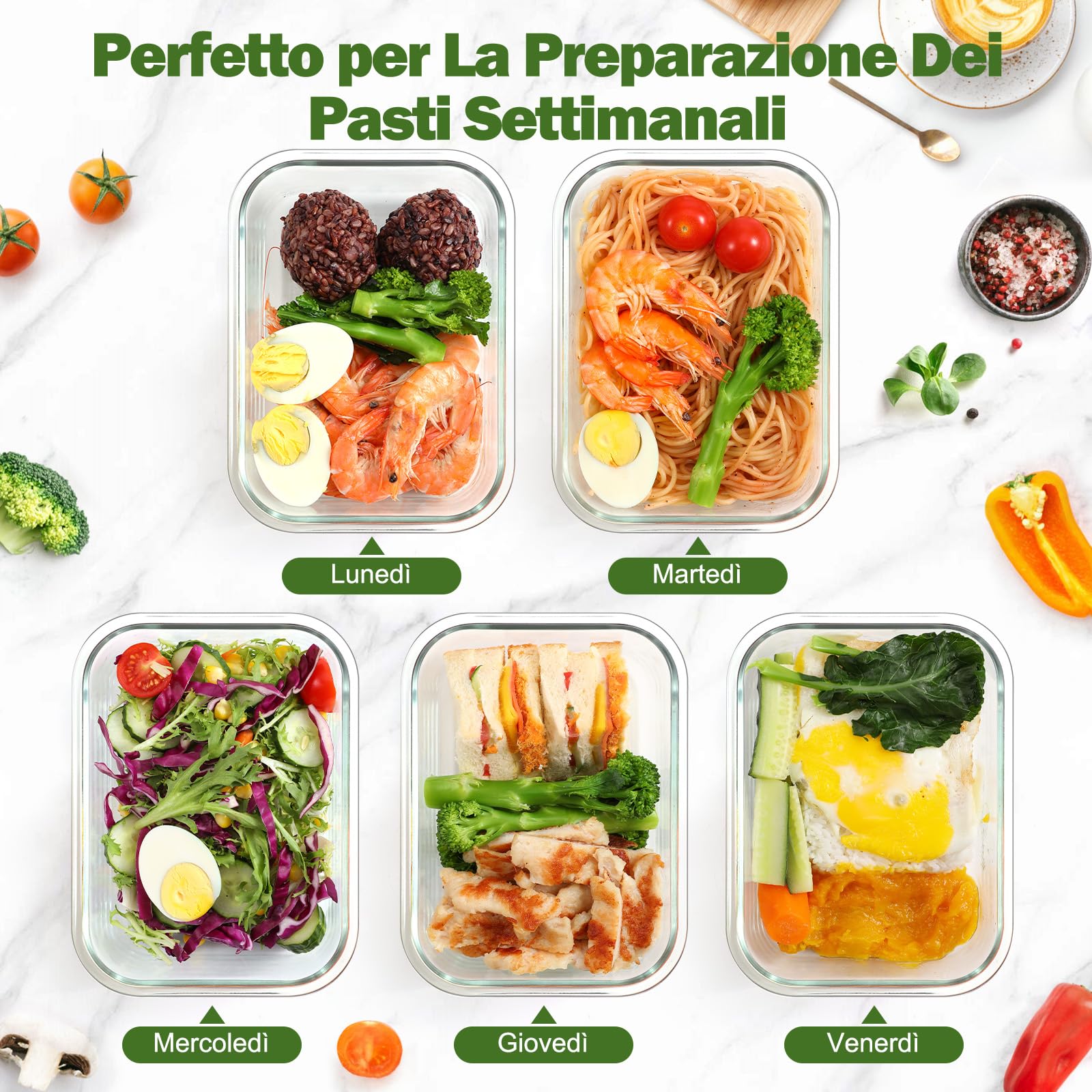 YASHE Set 12 Contenitori Vetro per Alimenti con Coperchi Ermetici, Senza BPA, Adatti a Microonde, Forno, Frigo e Congelatore, per Meal Prep, Nero