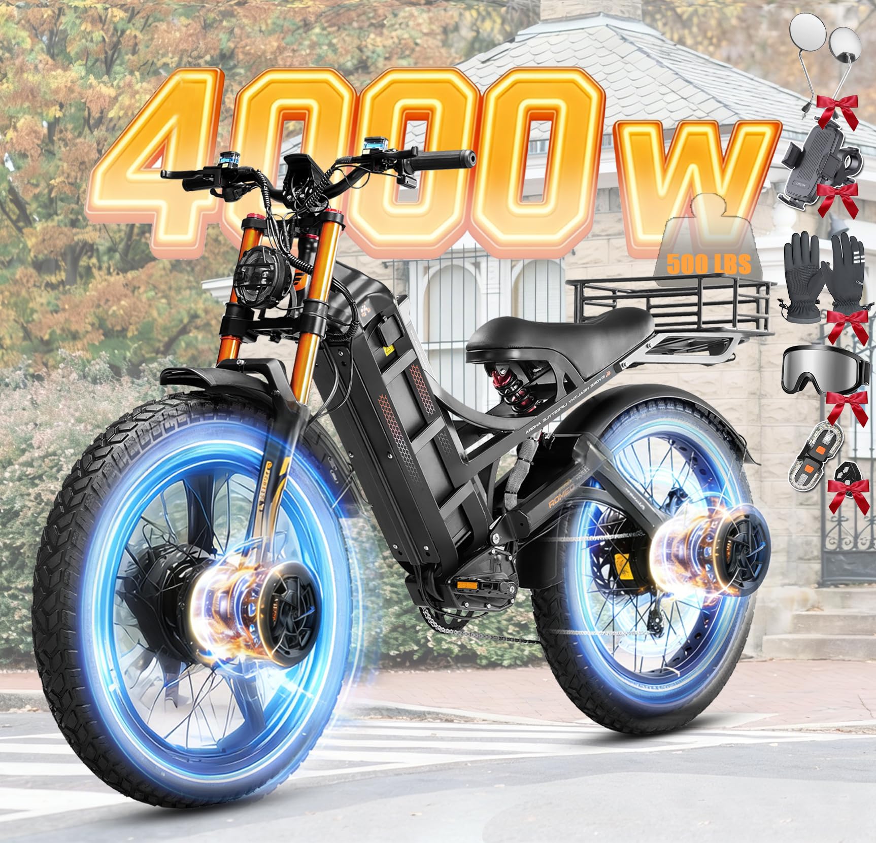 eAhora Romeo Pro 2 ebike-[2026 Latest] 46 MPH 4000W Dual Motor Ebike,52v 70Ah 200 Miles Long Range Electric Bike for Adults，26" Fat Tire Full